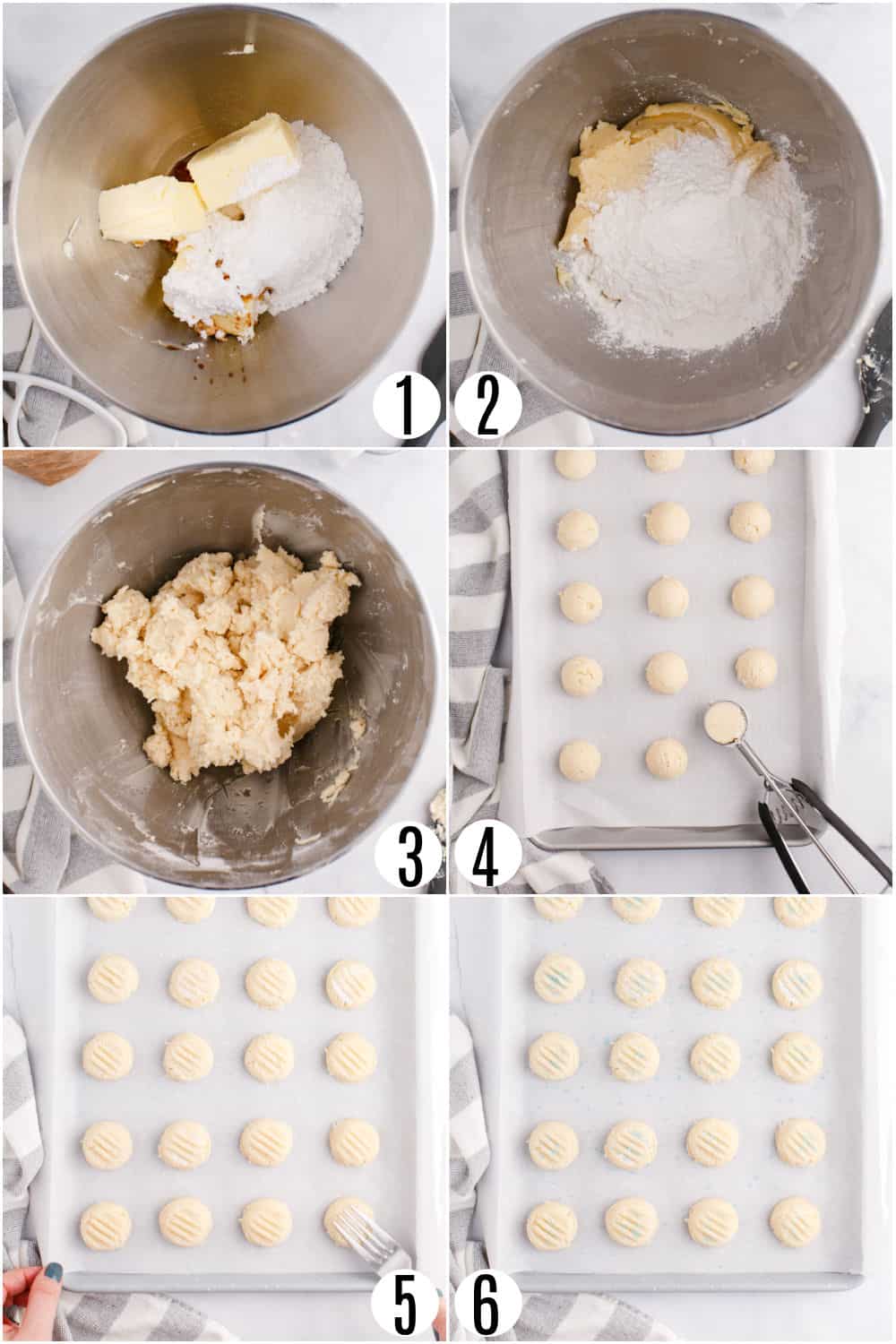 Step by step photos showing how to make whipped shortbread with sprinkles.