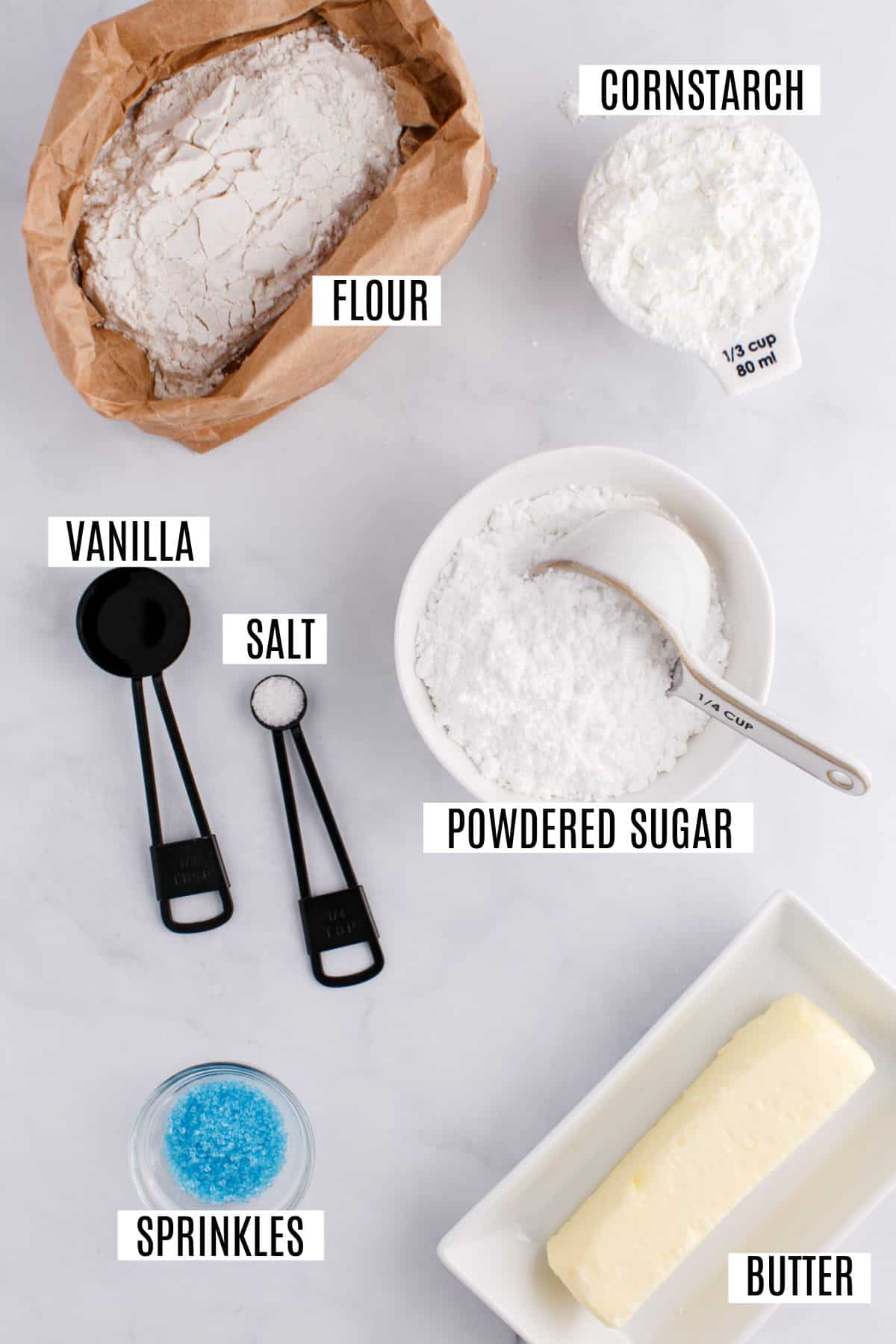 Ingredients needed for whipped shortbread cookies.