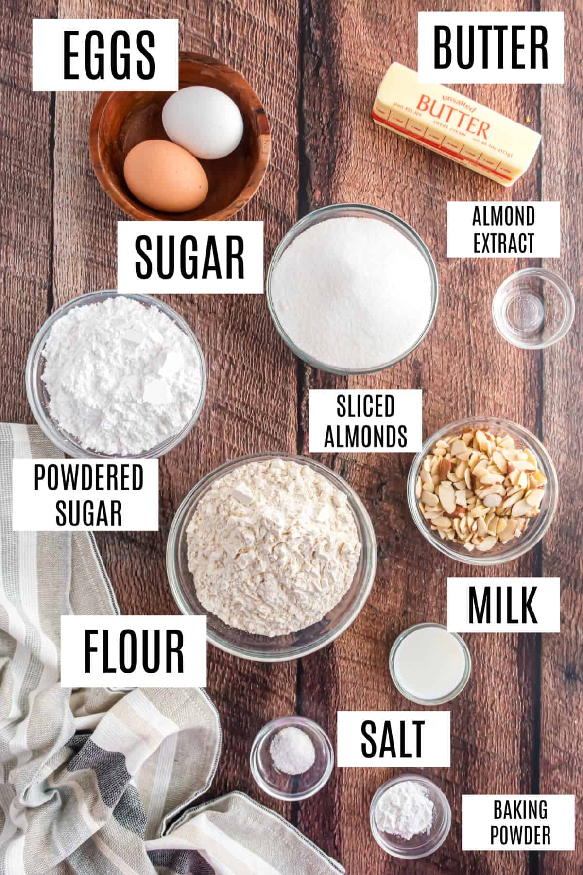 Ingredients needed to make almond cookies.