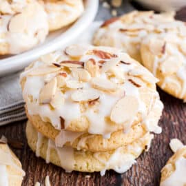 Almond cookies stacked on top of each other.