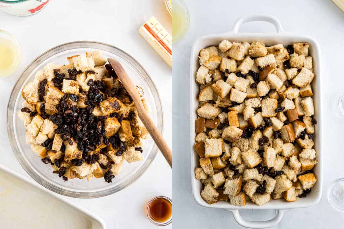 Two images: bread cubes and raisins in a bowl on the left, mixed in a baking dish on the right—perfect for starting your favorite bread pudding recipe.