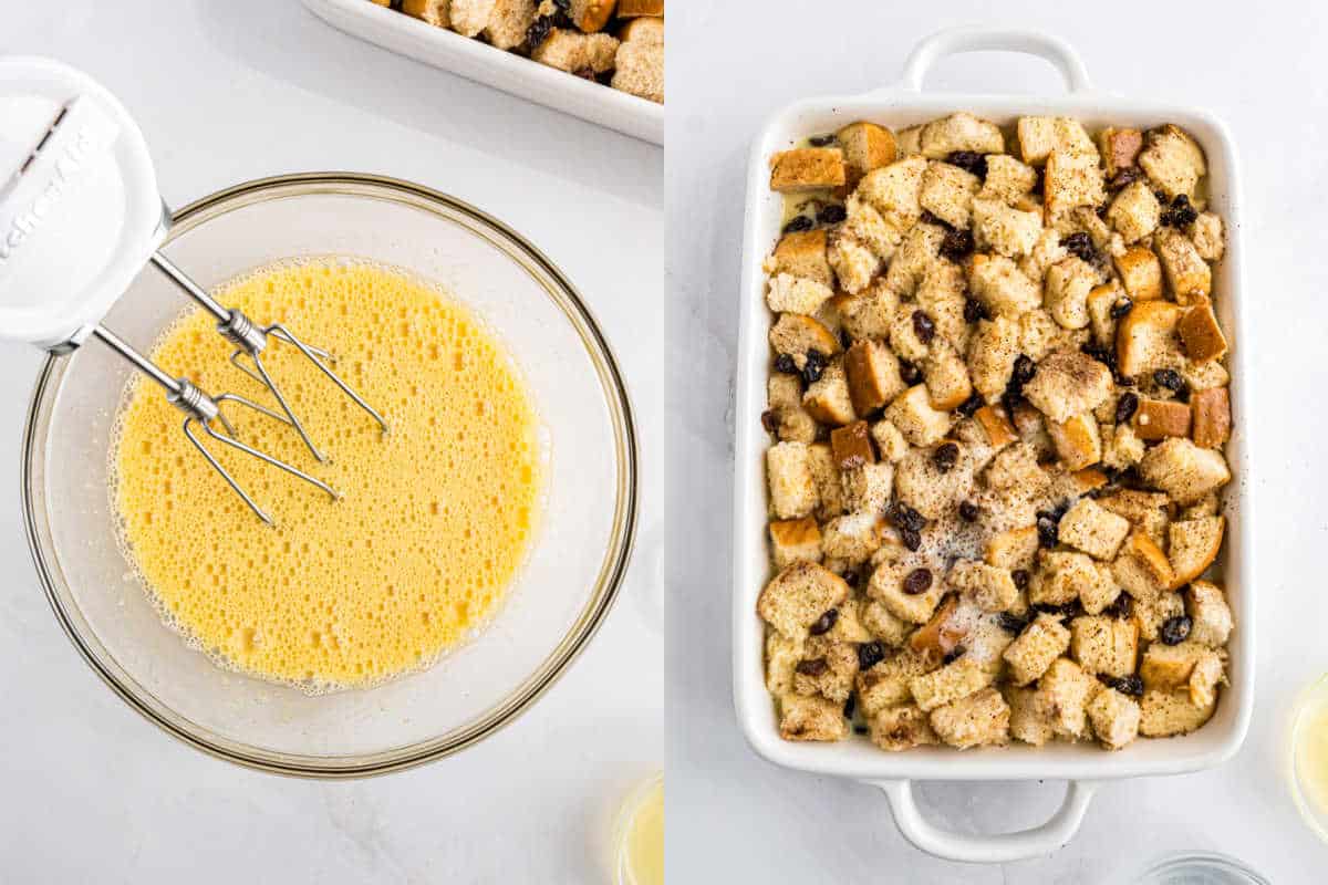 Left: Beaten eggs in a glass bowl with a mixer. Right: Bread pudding recipe mixture in a white baking dish.