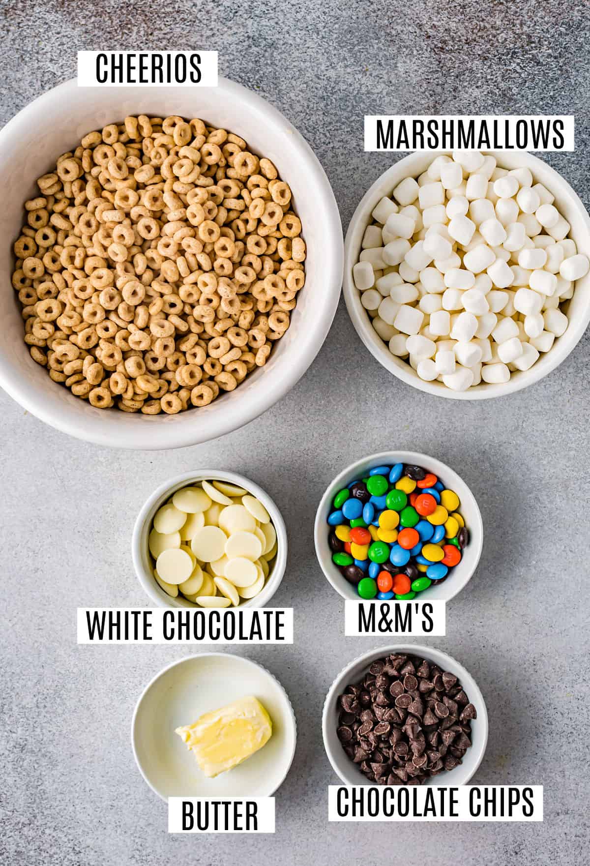 Ingredients needed to make cheerio cereal bars.