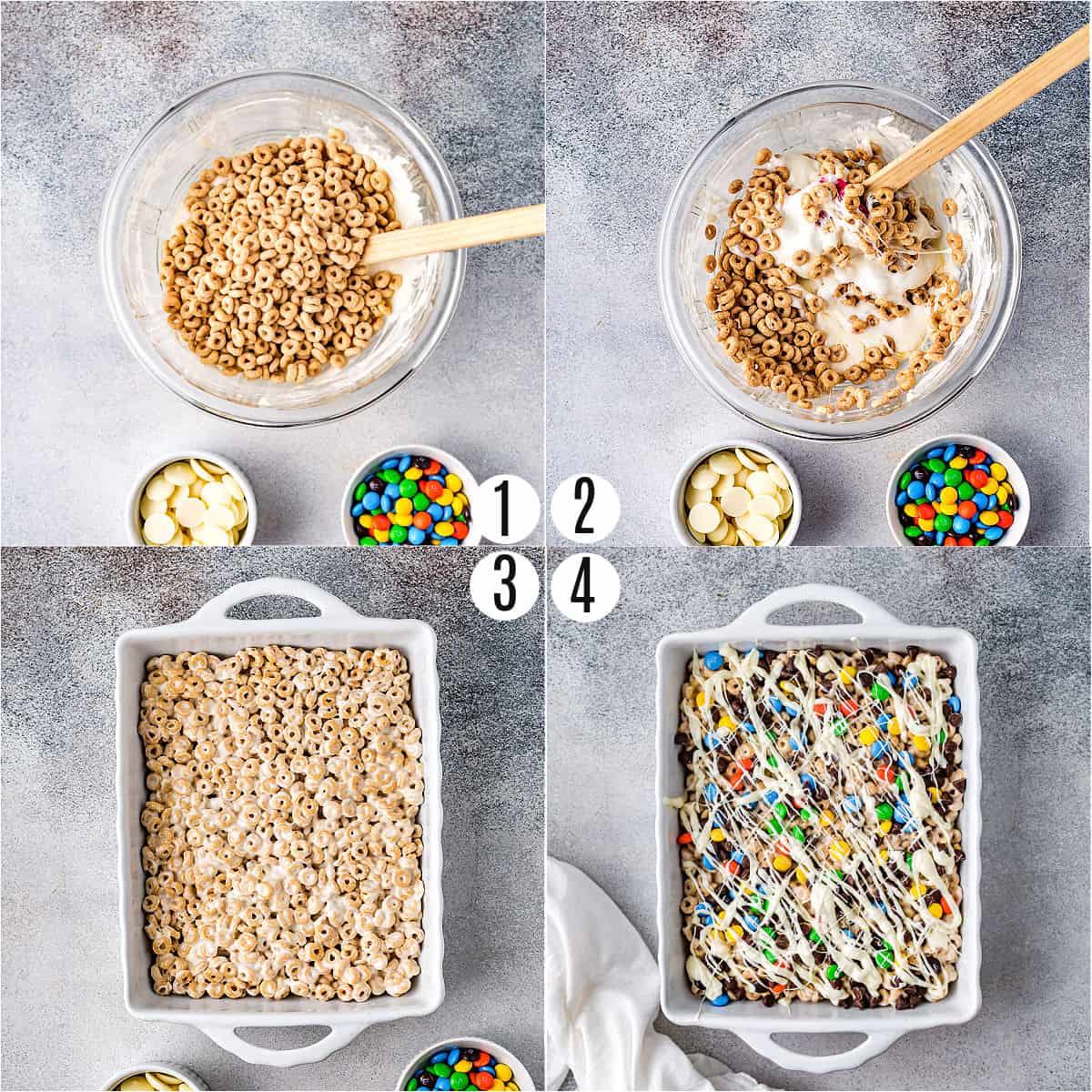 Step by step photos showing how to make cheerio cereal bars.