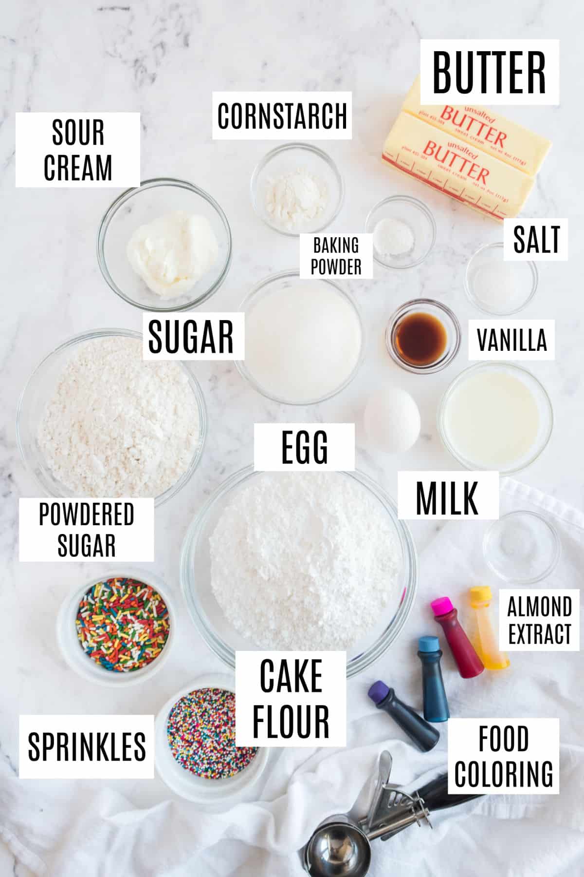 Ingredients needed to make soft lofthouse cookies.