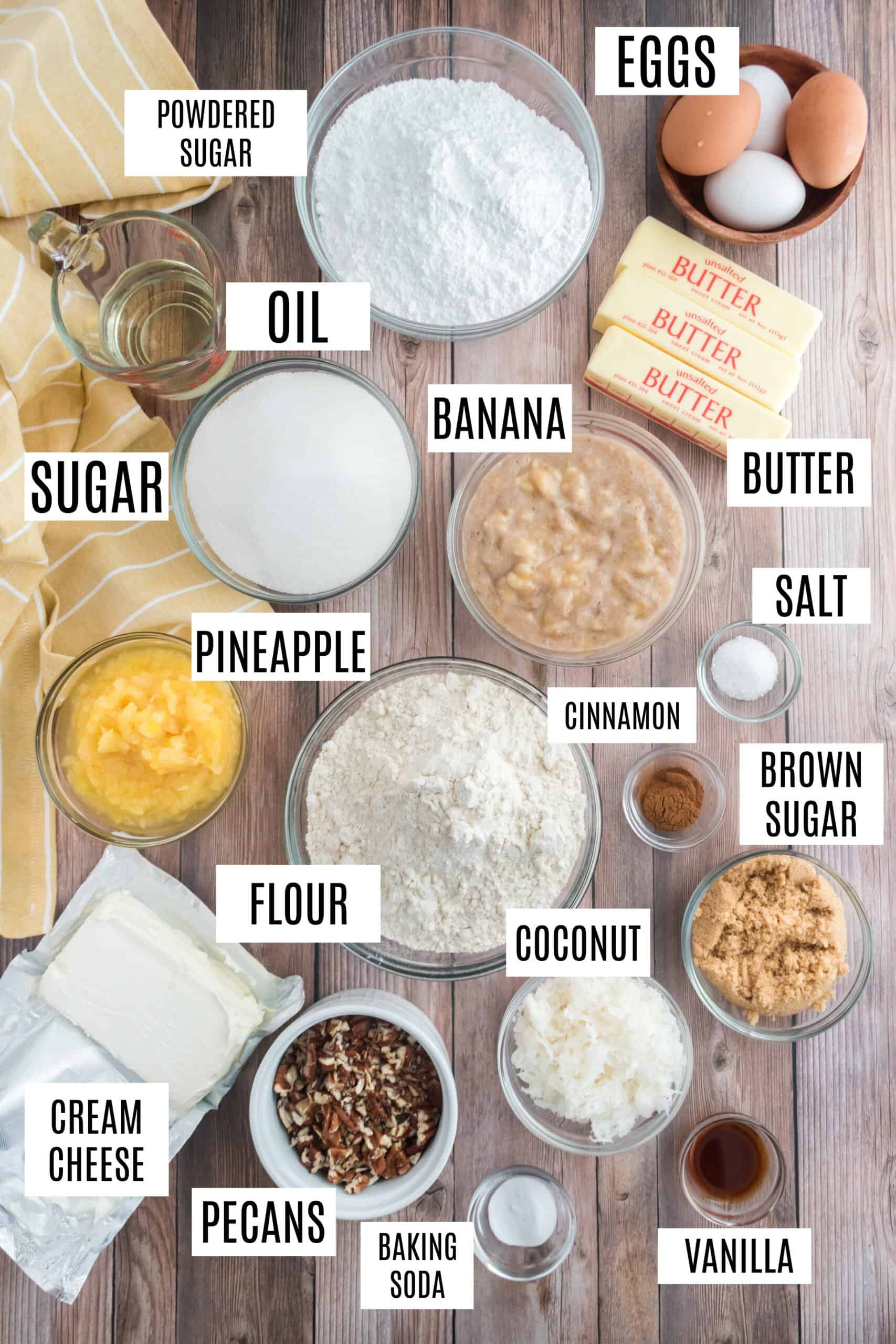 Ingredients needed to make hummingbird cake.