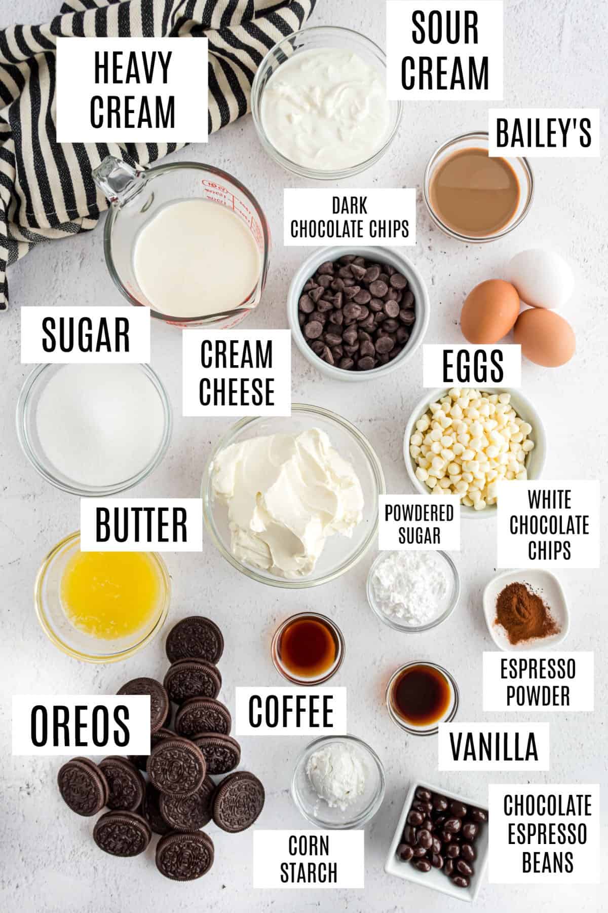 Ingredients needed to make a Baileys cheesecake.