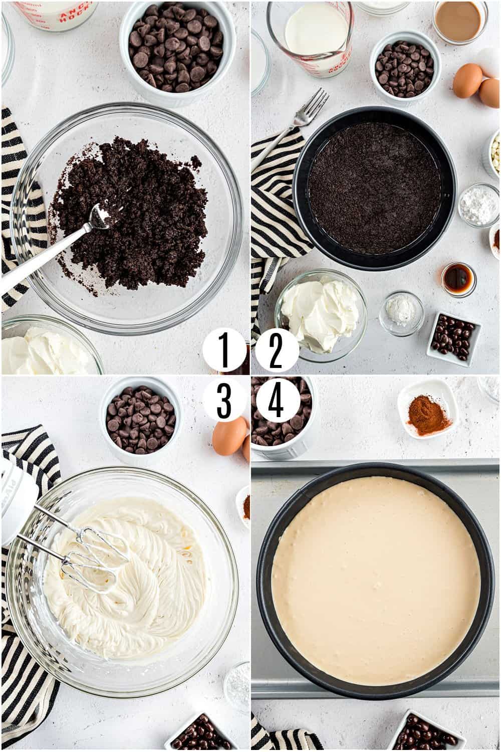 Step by step photos showing how to make a cheesecake.
