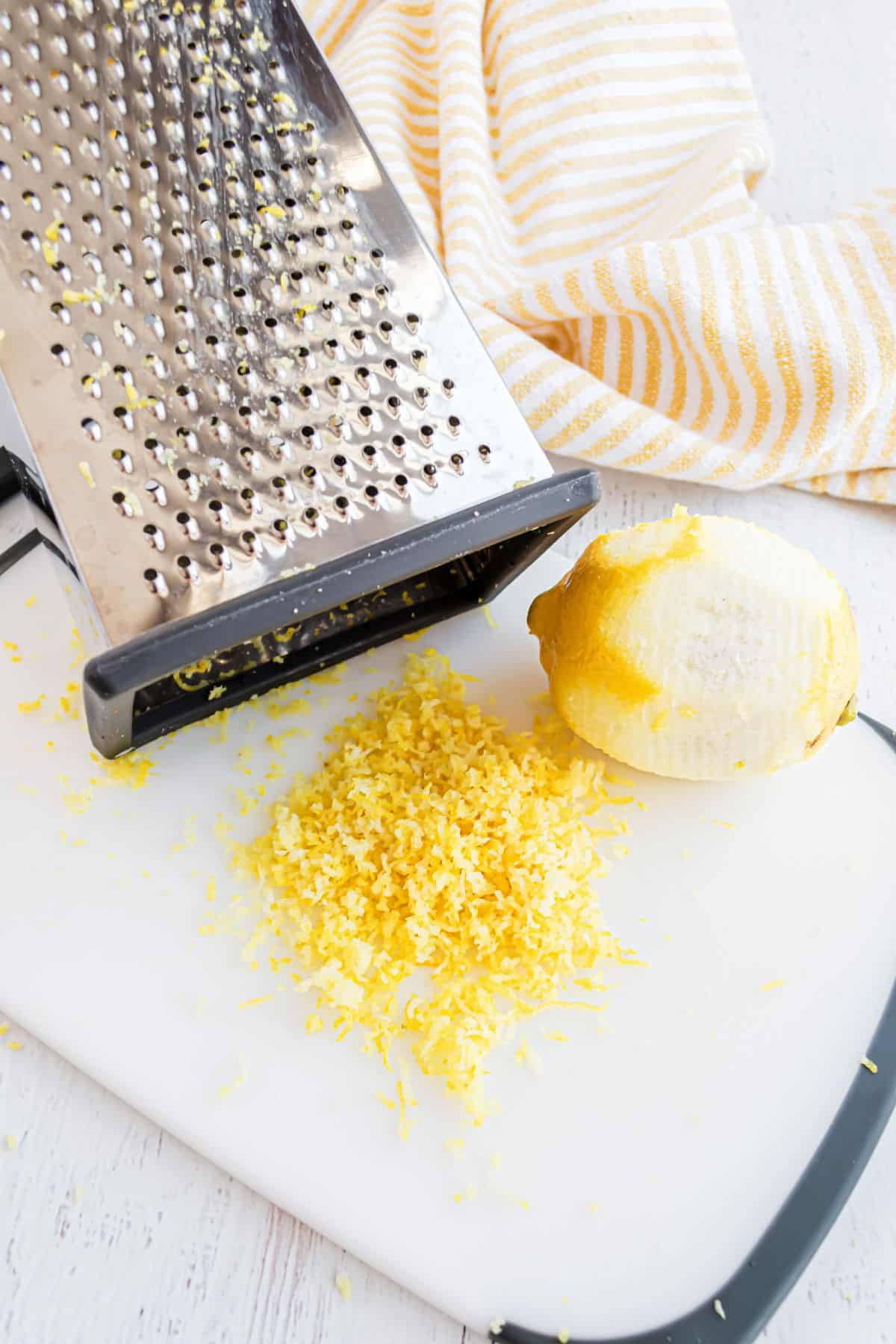 Lemon zested with a box grater.