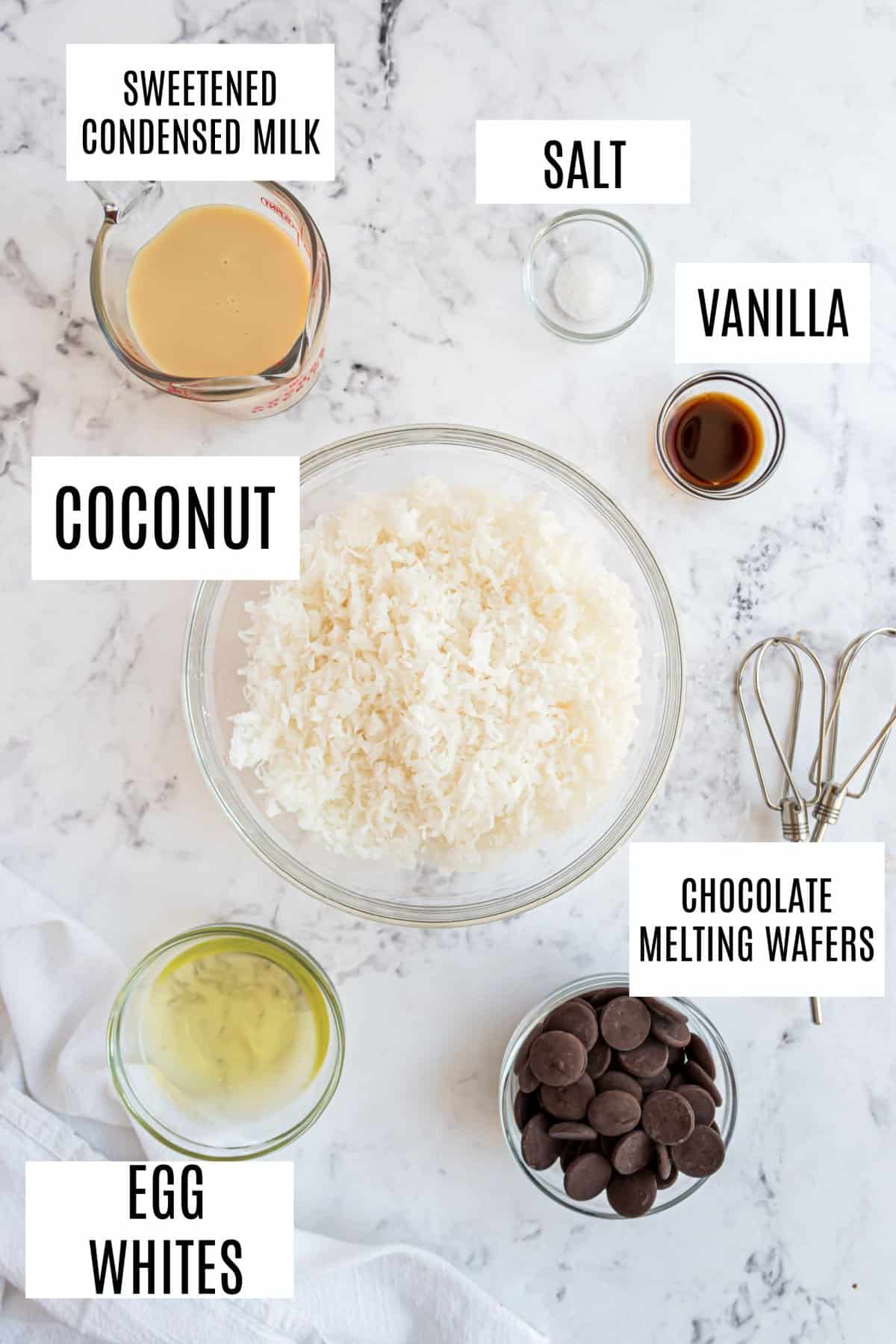 Ingredients needed to make coconut macaroons.