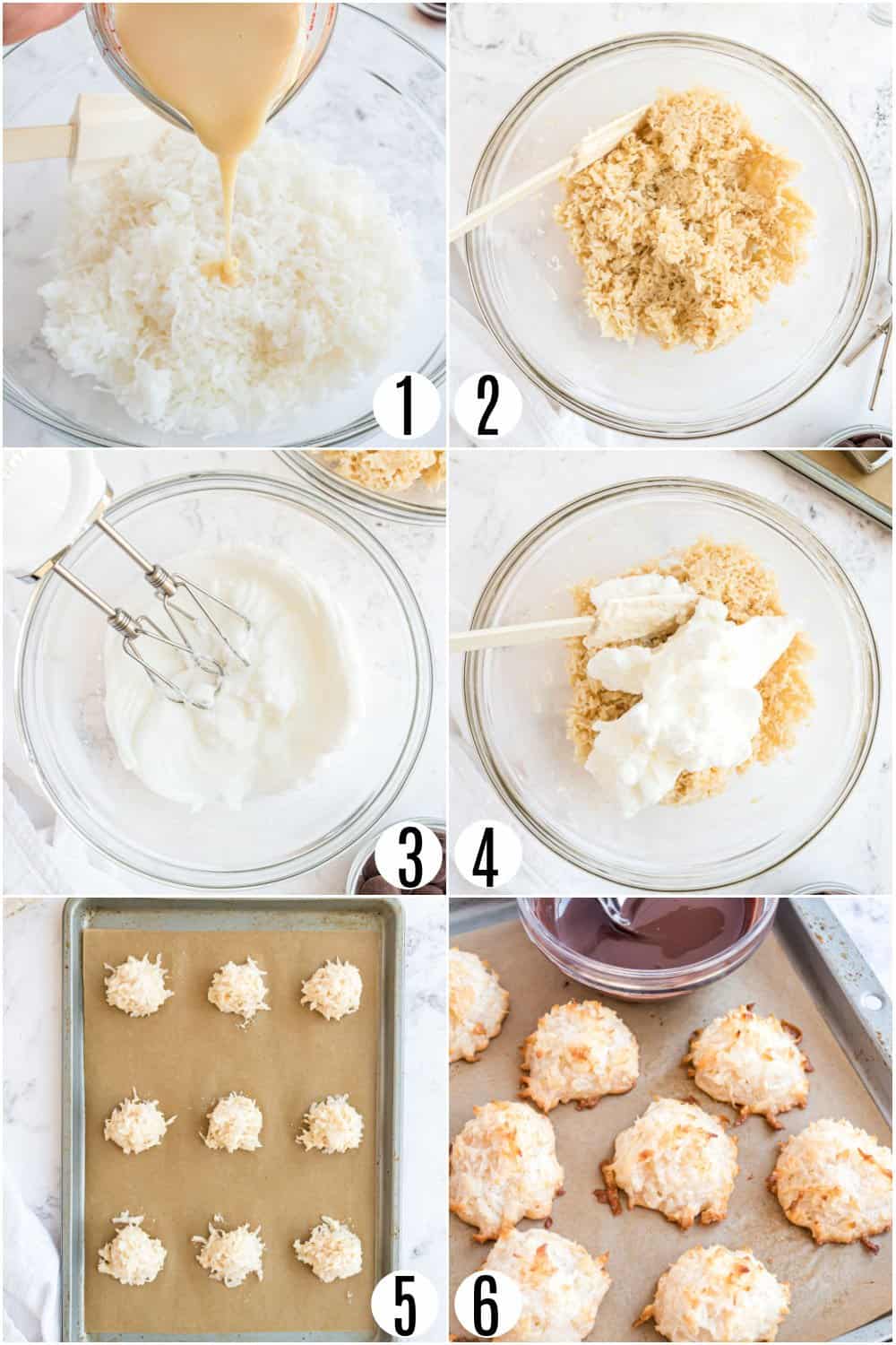 Step by step photos showing how to make coconut macaroons.