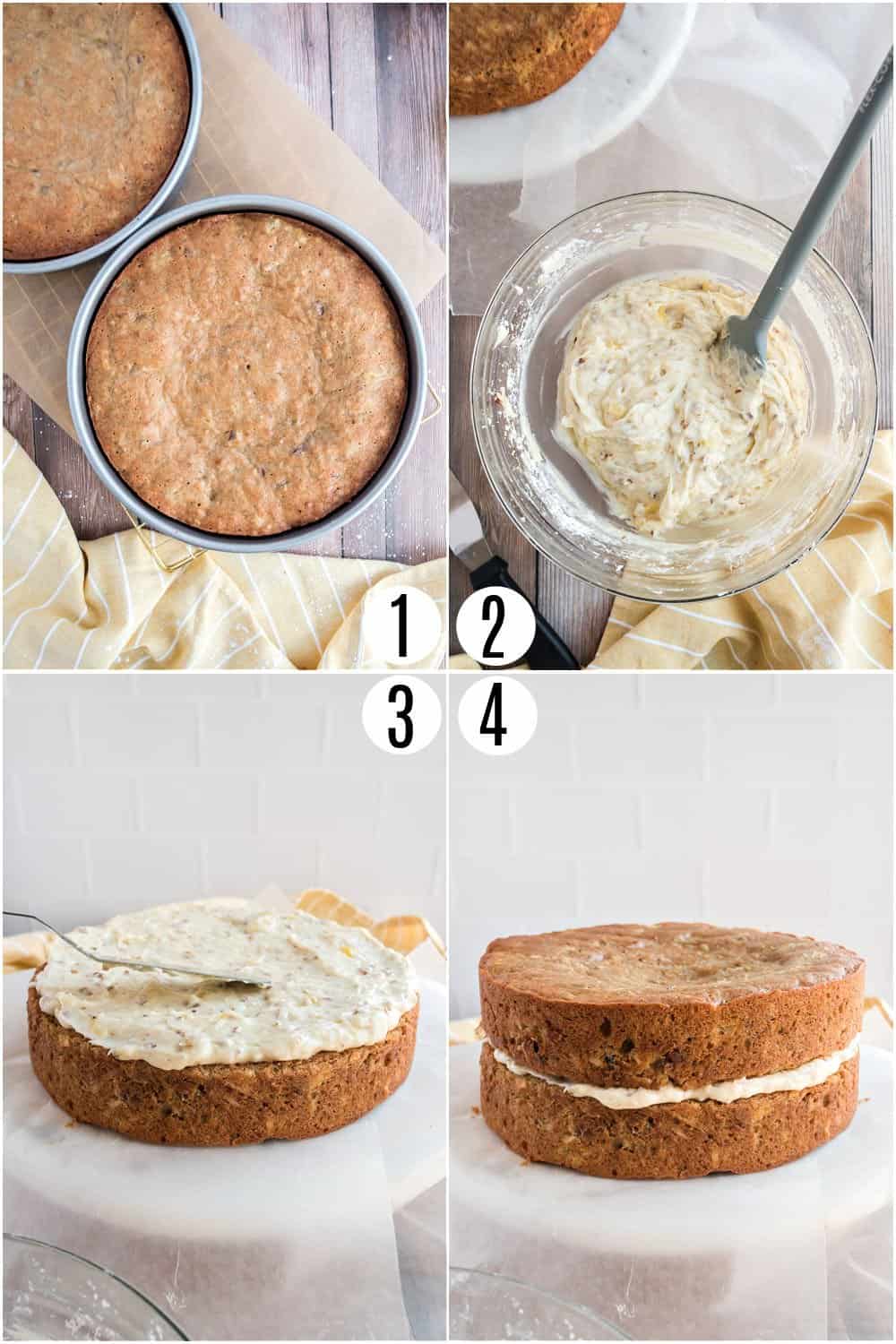 Step by step photos showing how to assemble hummingbird cake with frosting.
