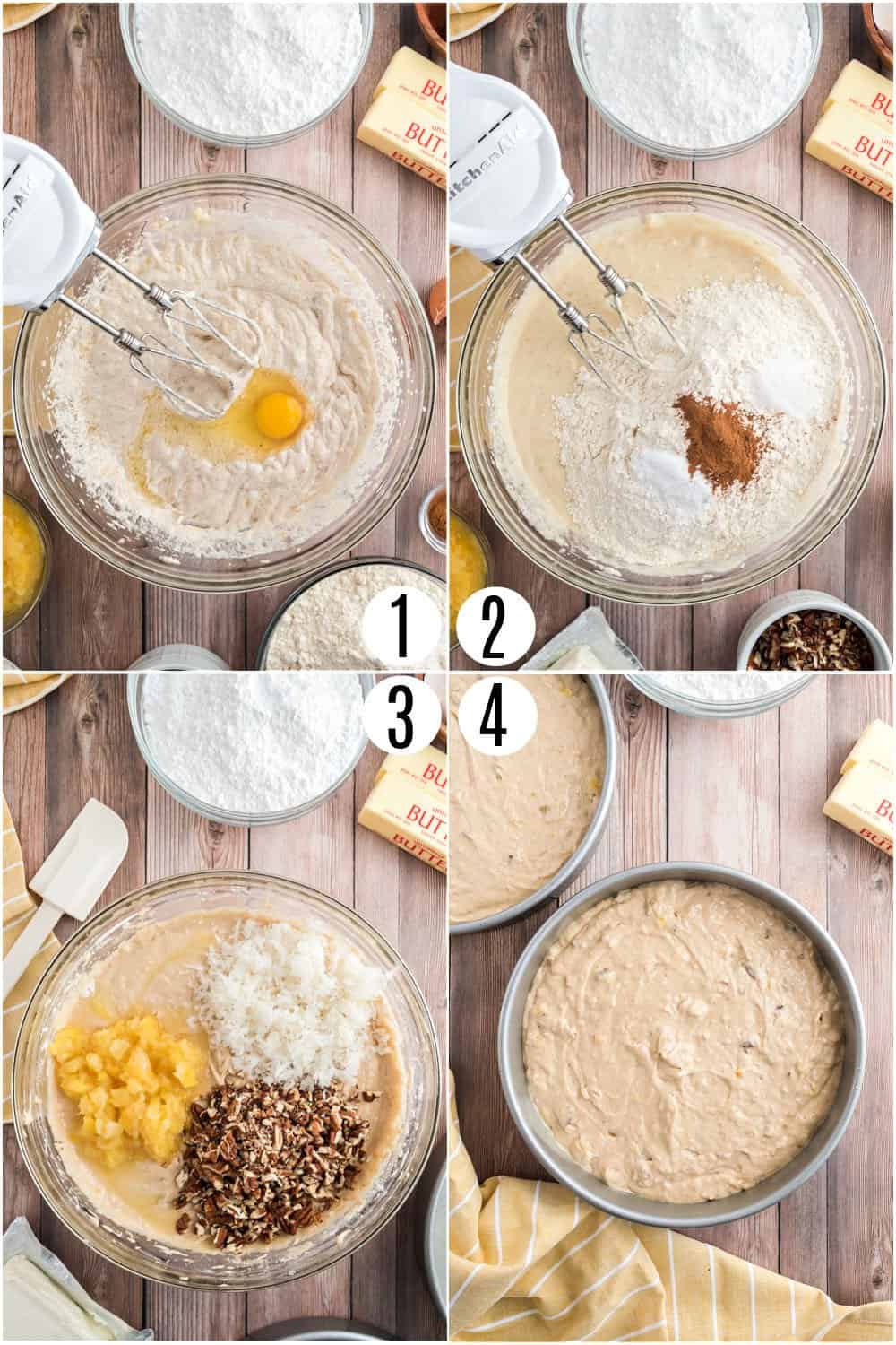 Step by step photos showing how to make hummingbird cake batter.