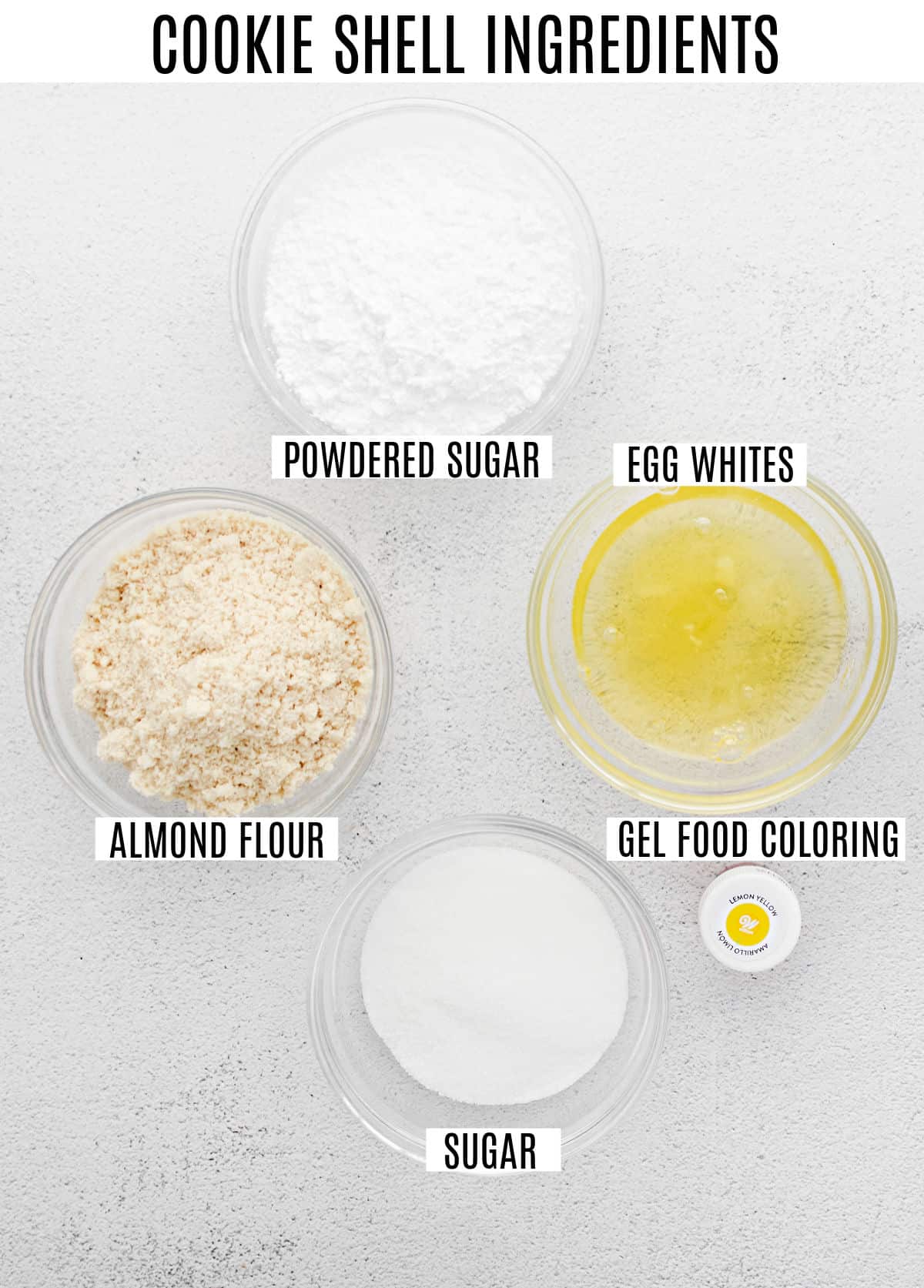 Ingredients needed to make lemon macaron cookies.