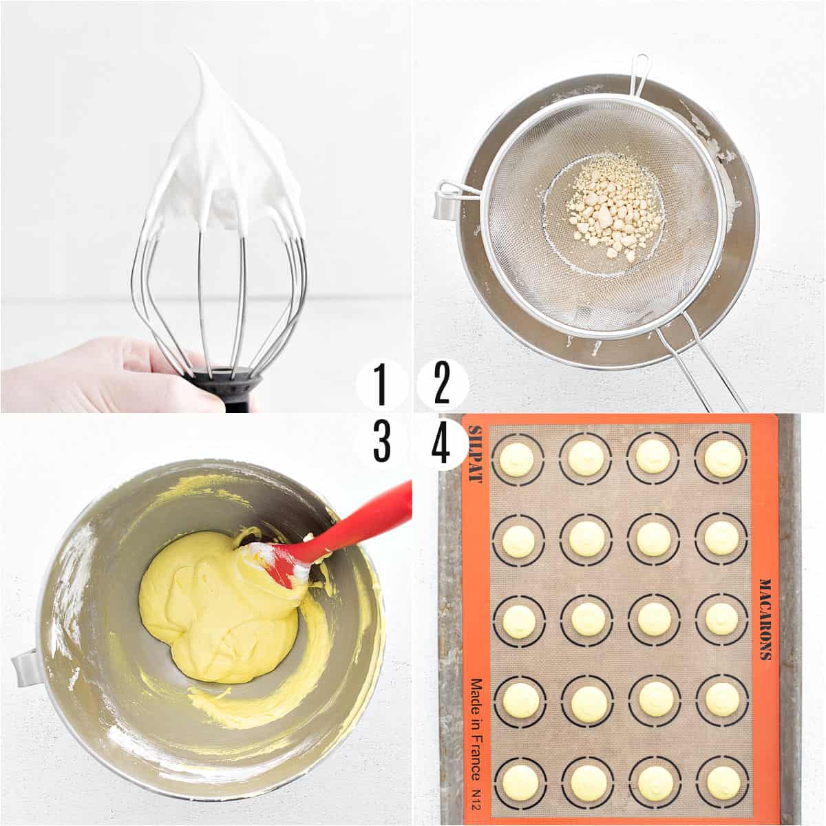 Step by step photos showing how to make lemon curd macarons.