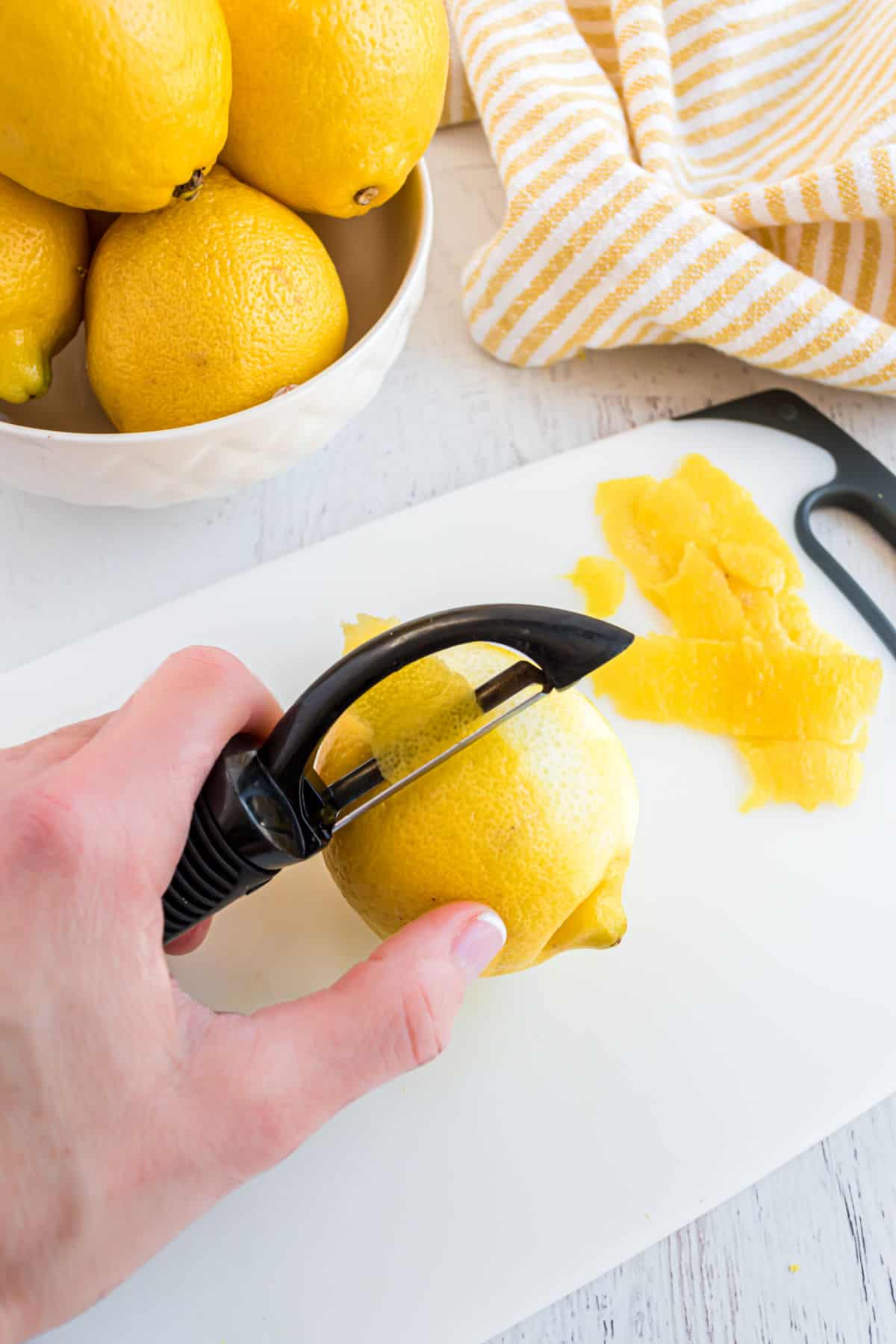 Lemon zested with a lemon peeler.