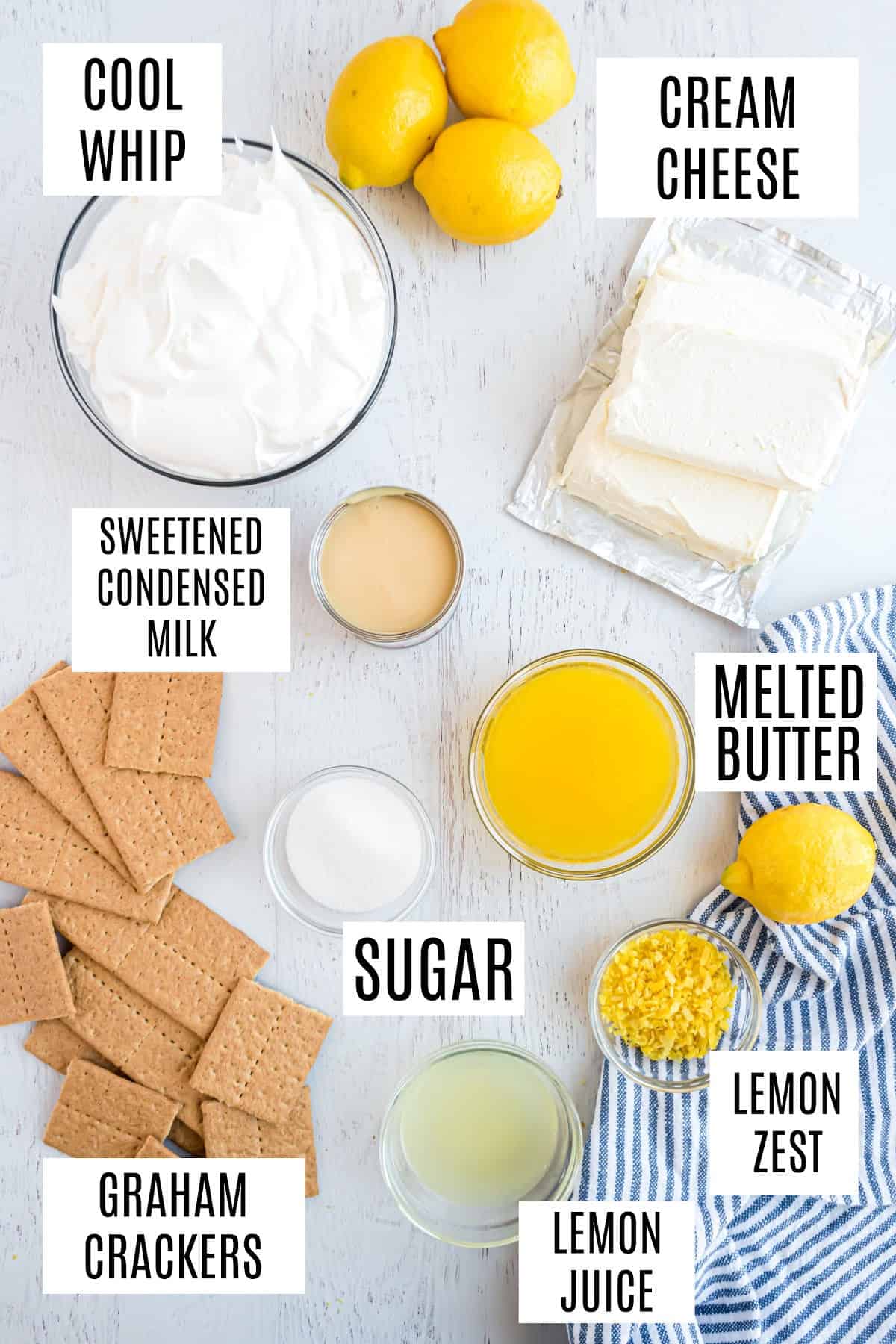 Ingredients needed to make no bake lemon cheesecake.