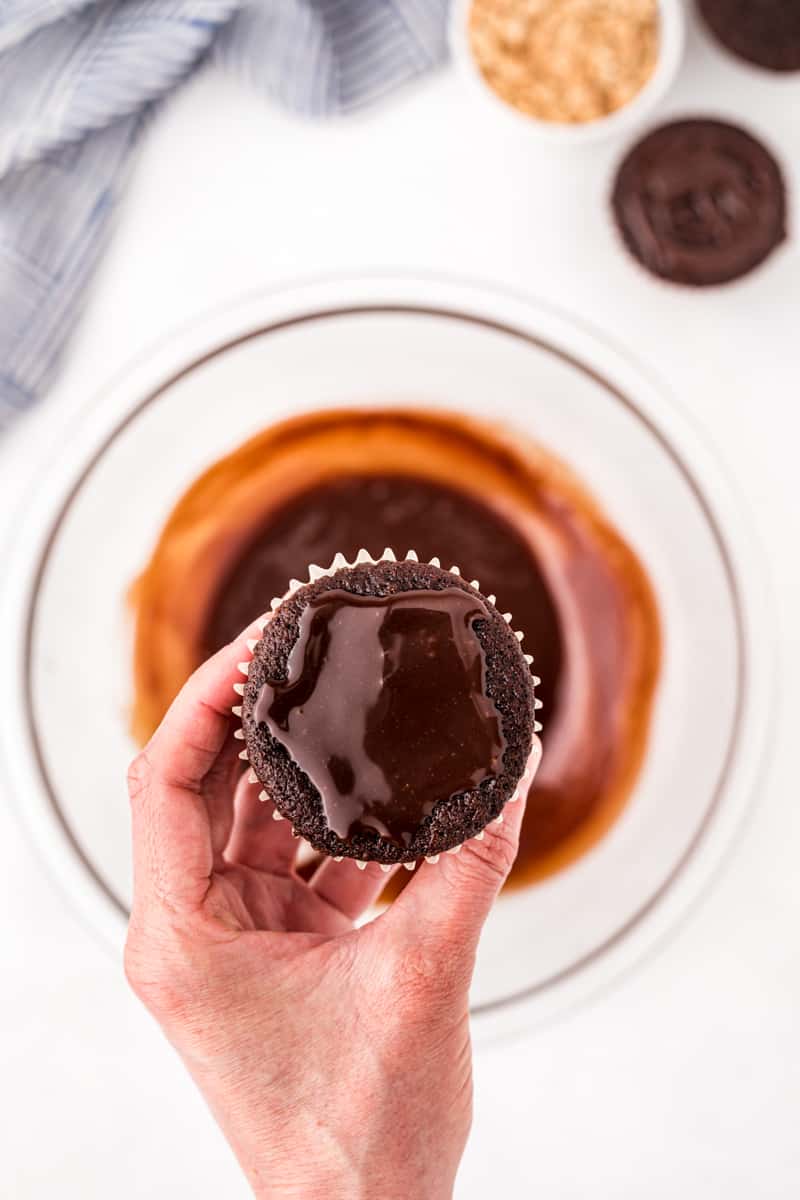 S'mores cupcake dipped in chocolate ganache.