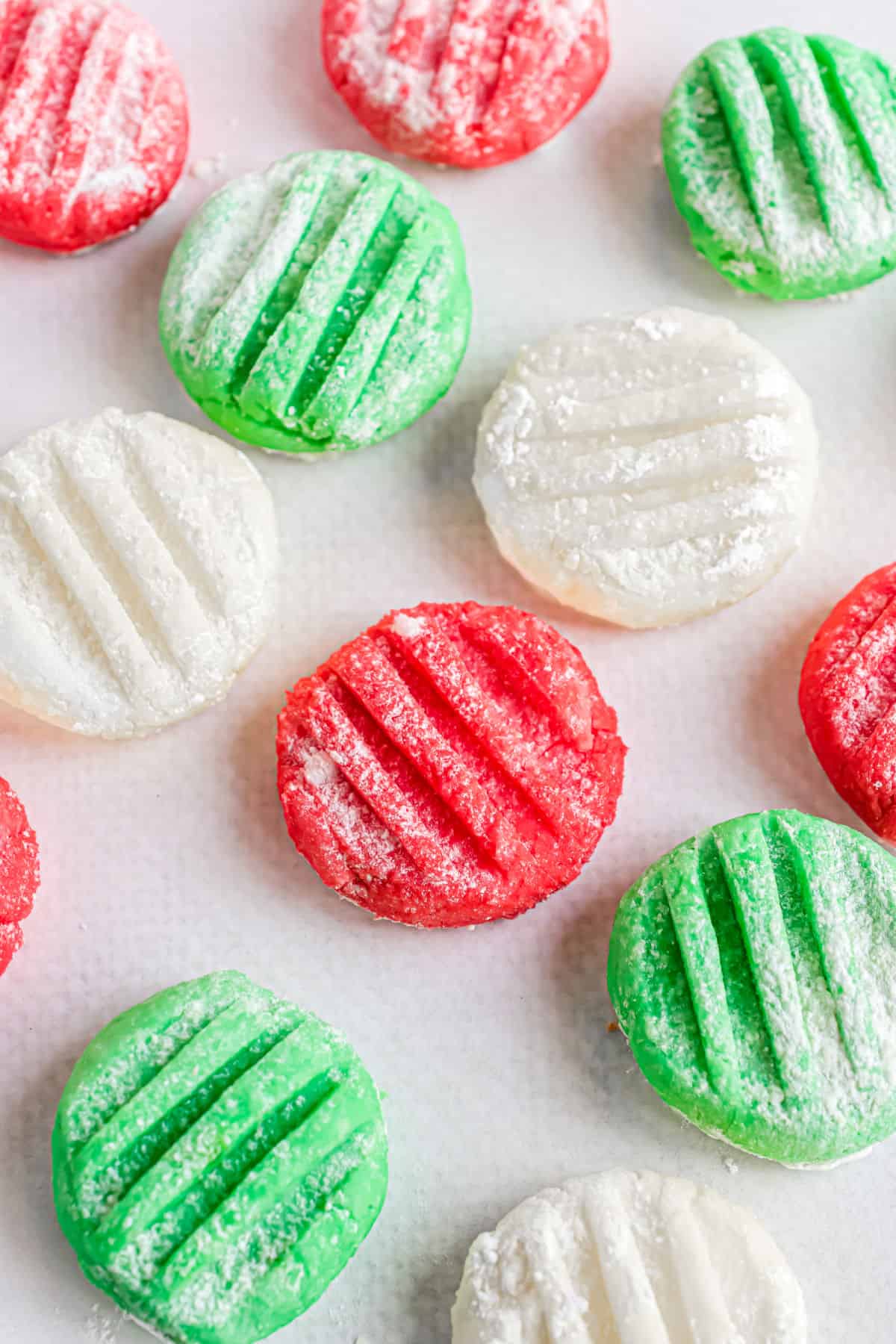 Red, green, and white cream cheese mints.