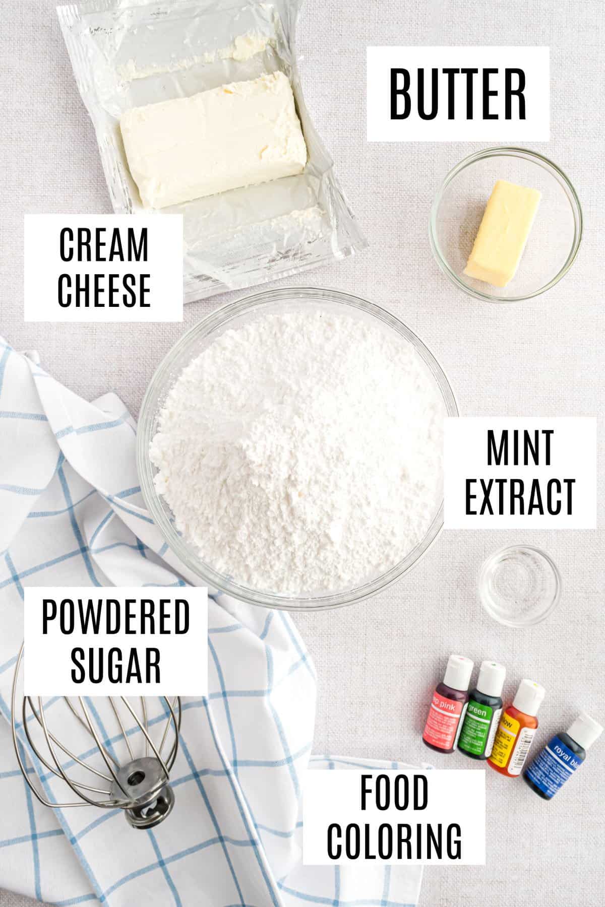 Ingredients needed to make cream cheese mints.
