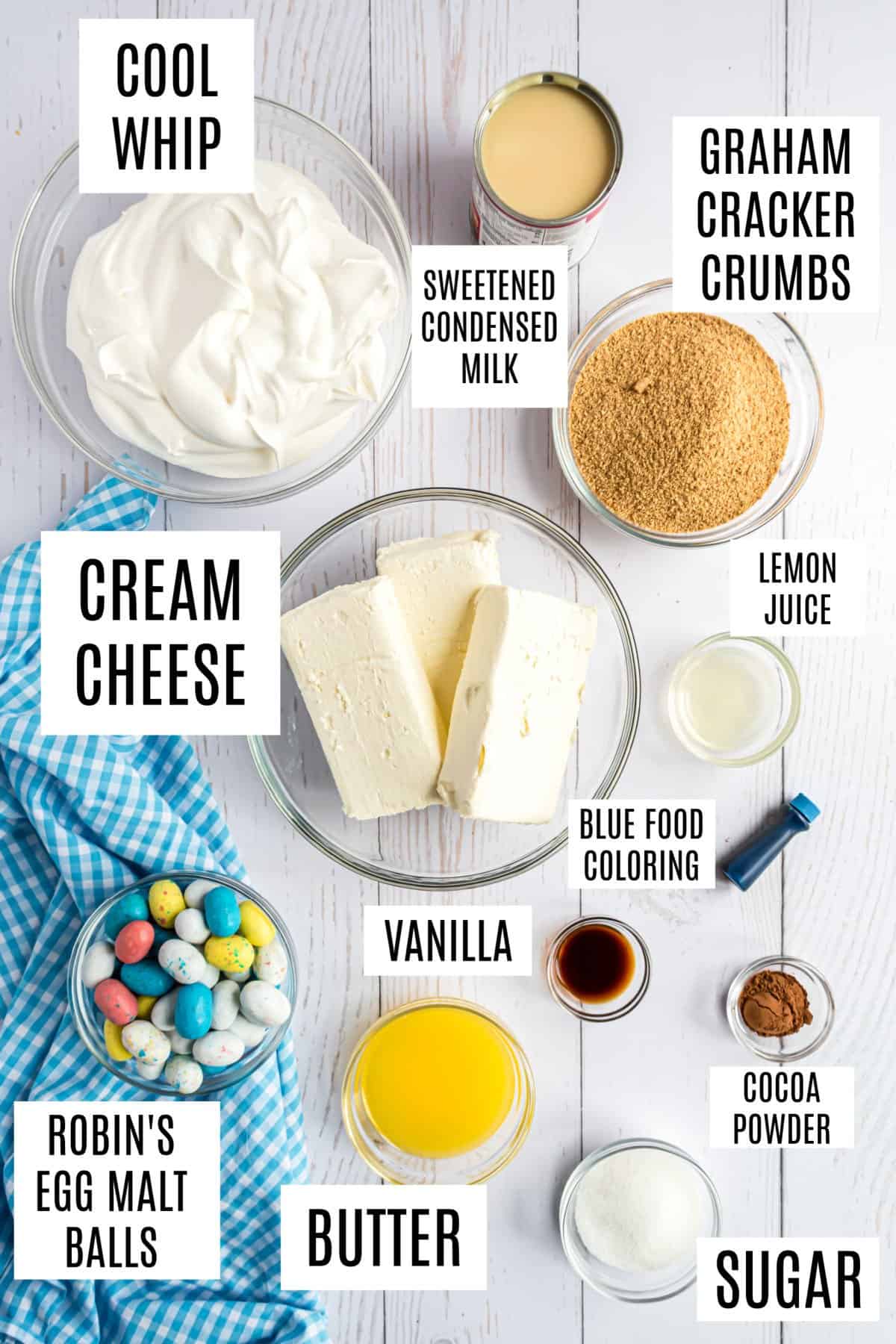 Ingredients needed to make an easter egg cheesecake.