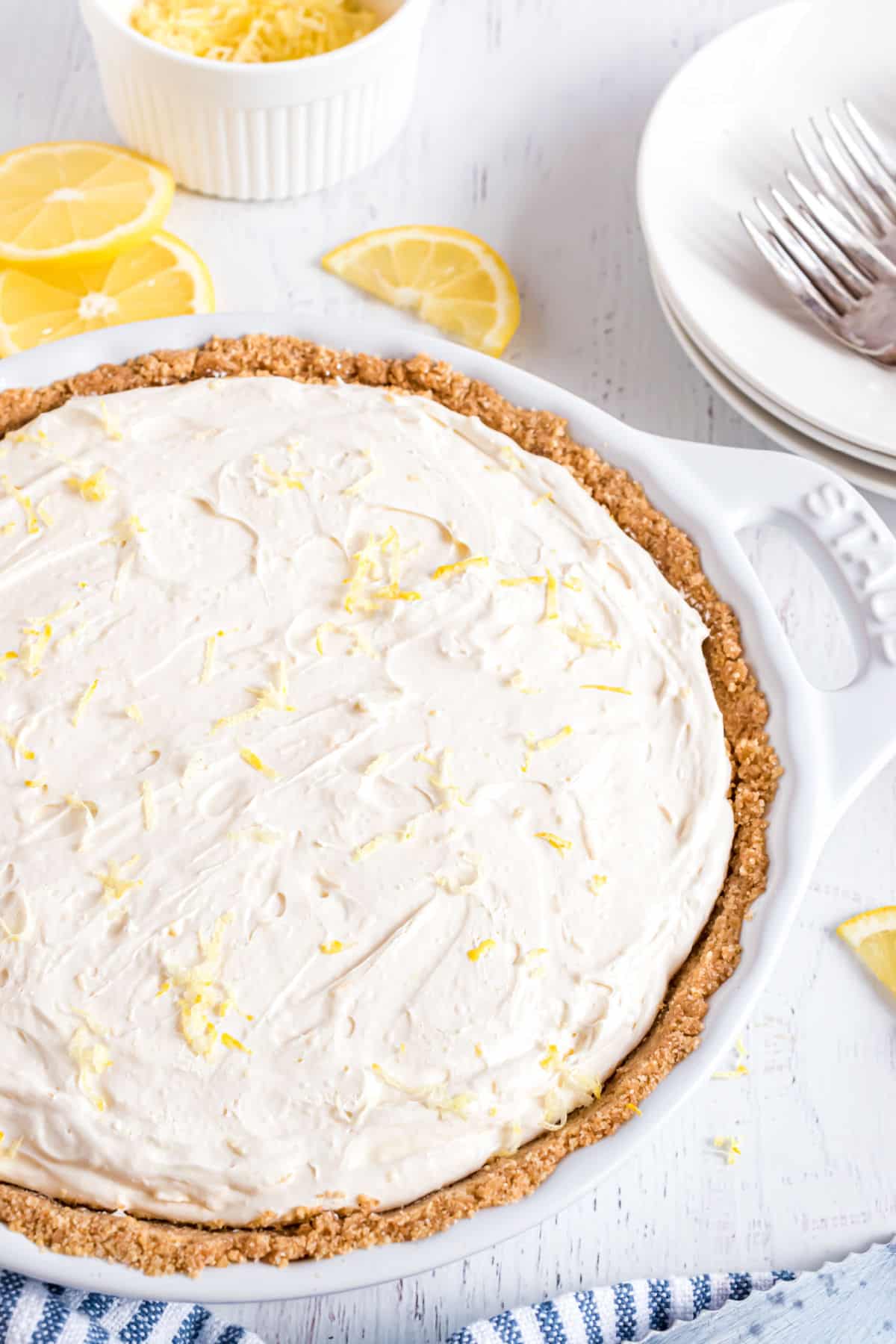 Lemon cheesecake with graham cracker crust.