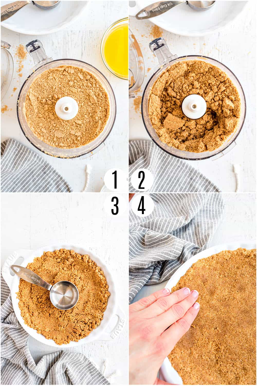 Step by step photos showing how to make a graham cracker crust.