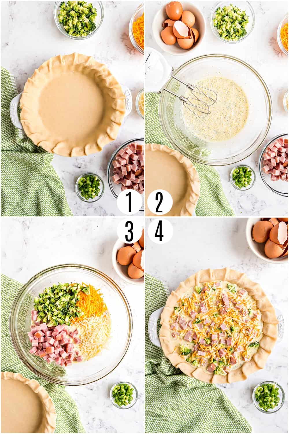 Step by step photos showing how to make ham and cheese quiche.