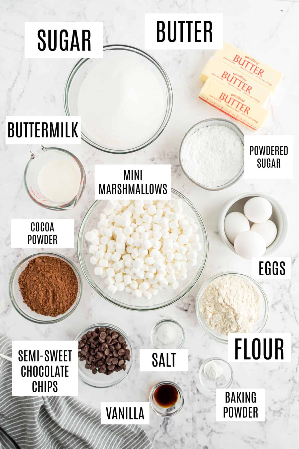Ingredients needed to make marshmallow topped brownies.