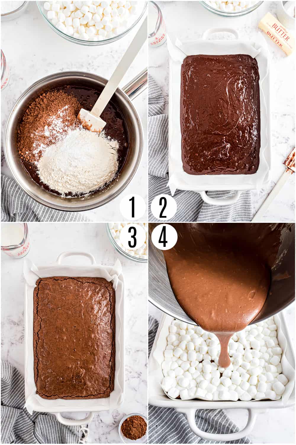 Step by step photos showing how to make marshmallow brownies.
