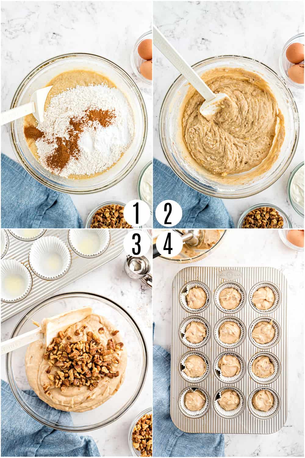 Step by step photos showing how to make banana nut muffins.