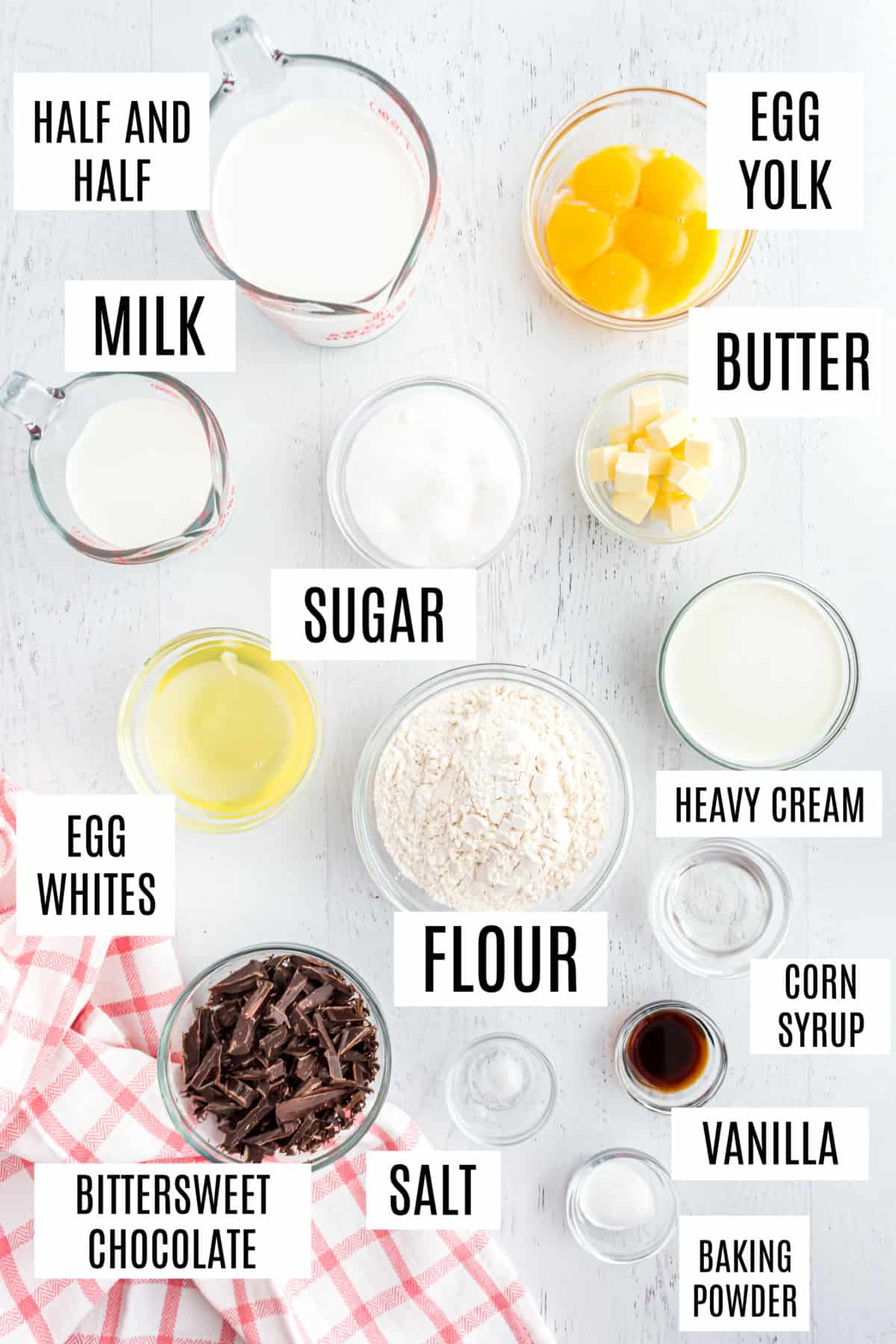 Ingredients needed to make boston cream pie.