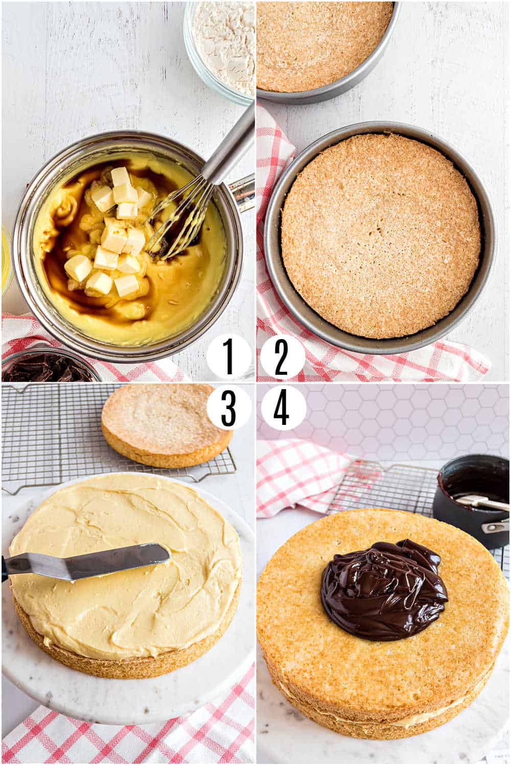 Step by step photos showing how to make boston cream pie.