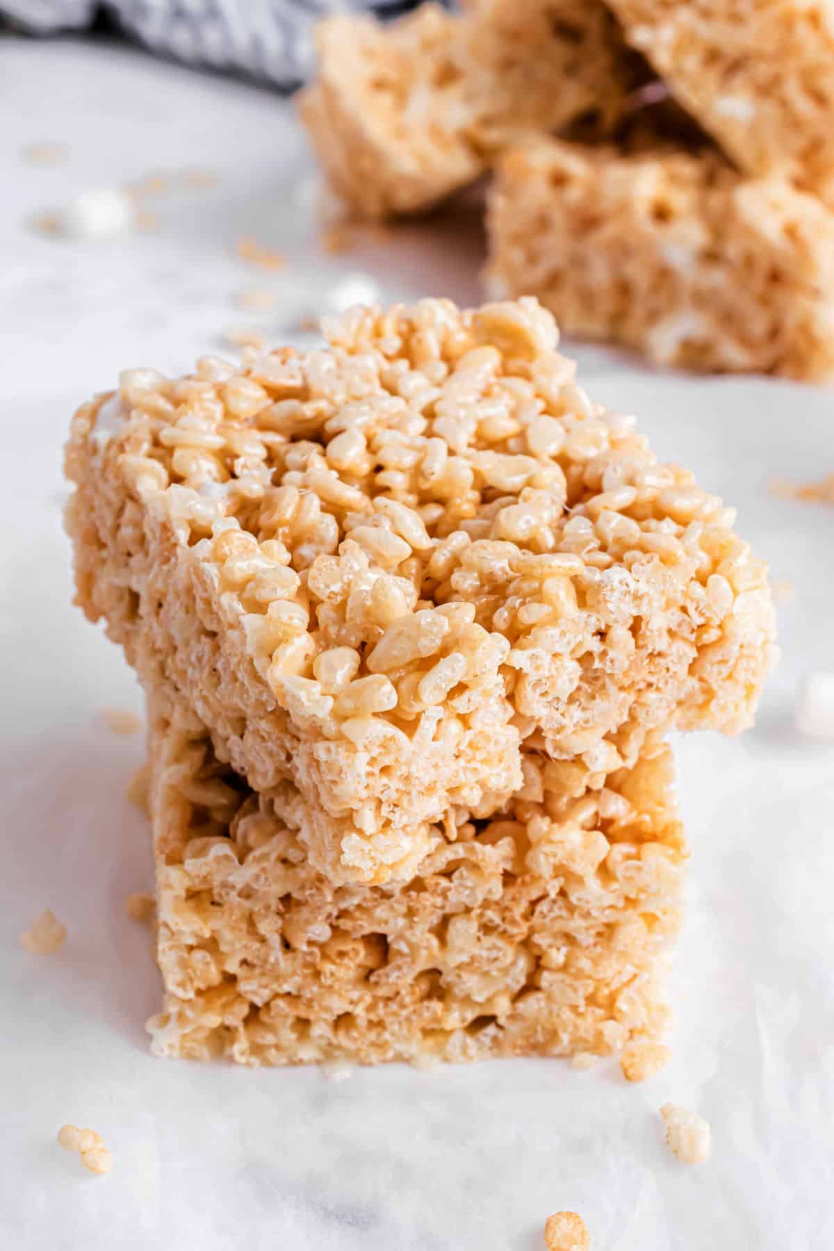 Stack of two rice krispie treats made with browned butter.