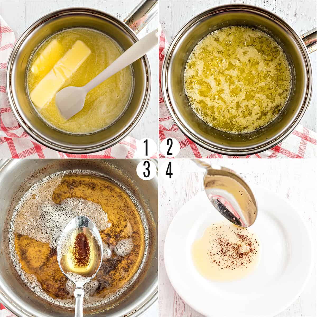 Step by step photos showing how to brown butter in a saucepan.