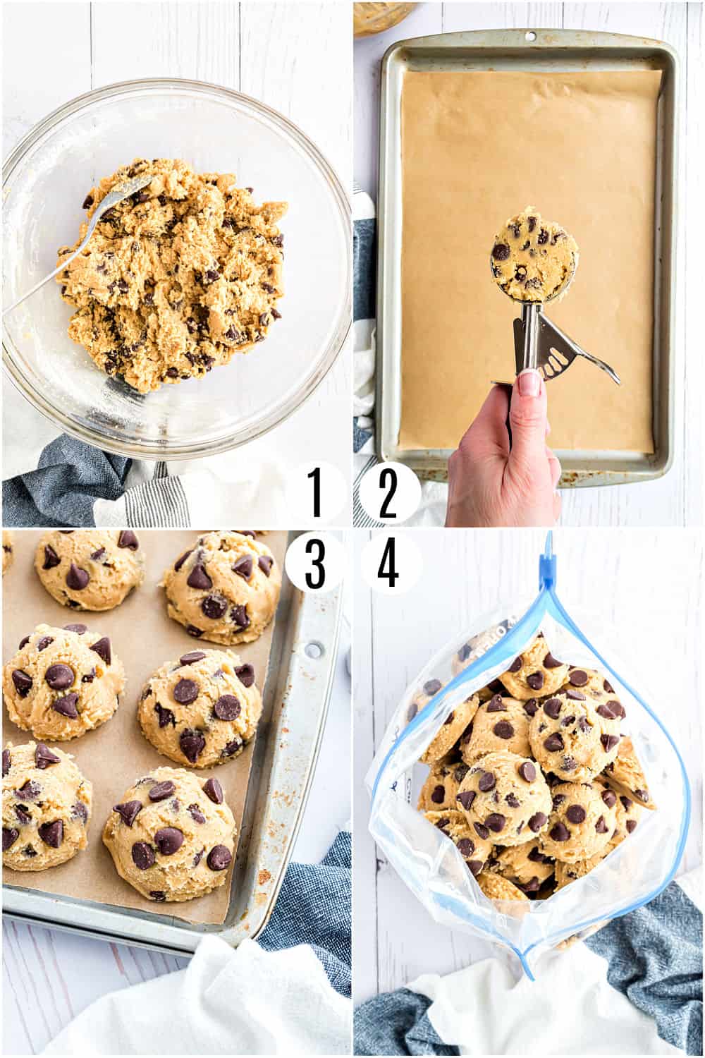 Step by step photos showing how to freeze cookie dough.