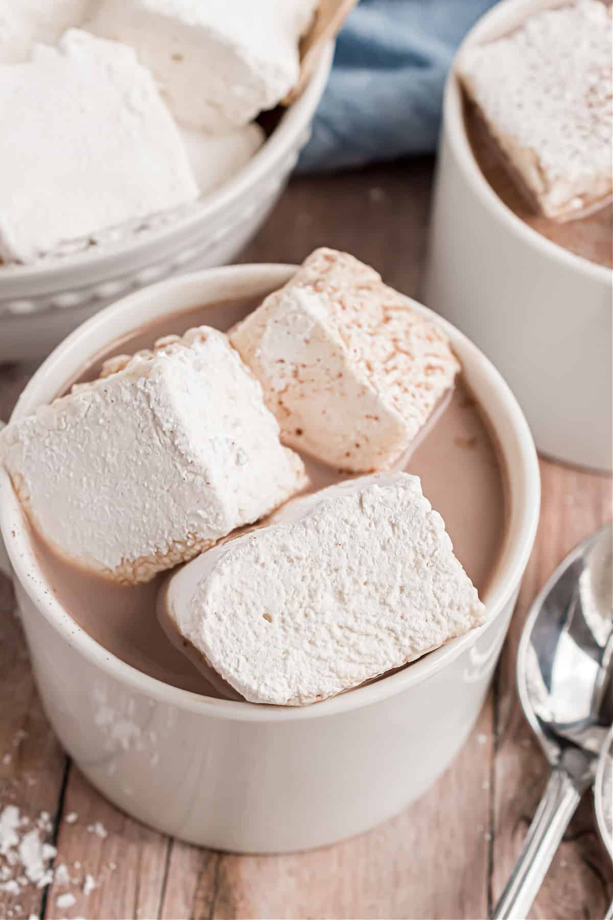 Hot cocoa in a mug with homemade marshmallows on top.
