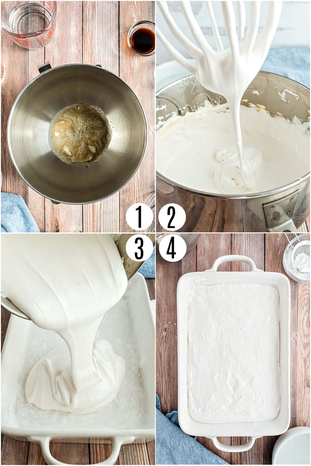 Step by step photos showing how to make homemade marshmallows.