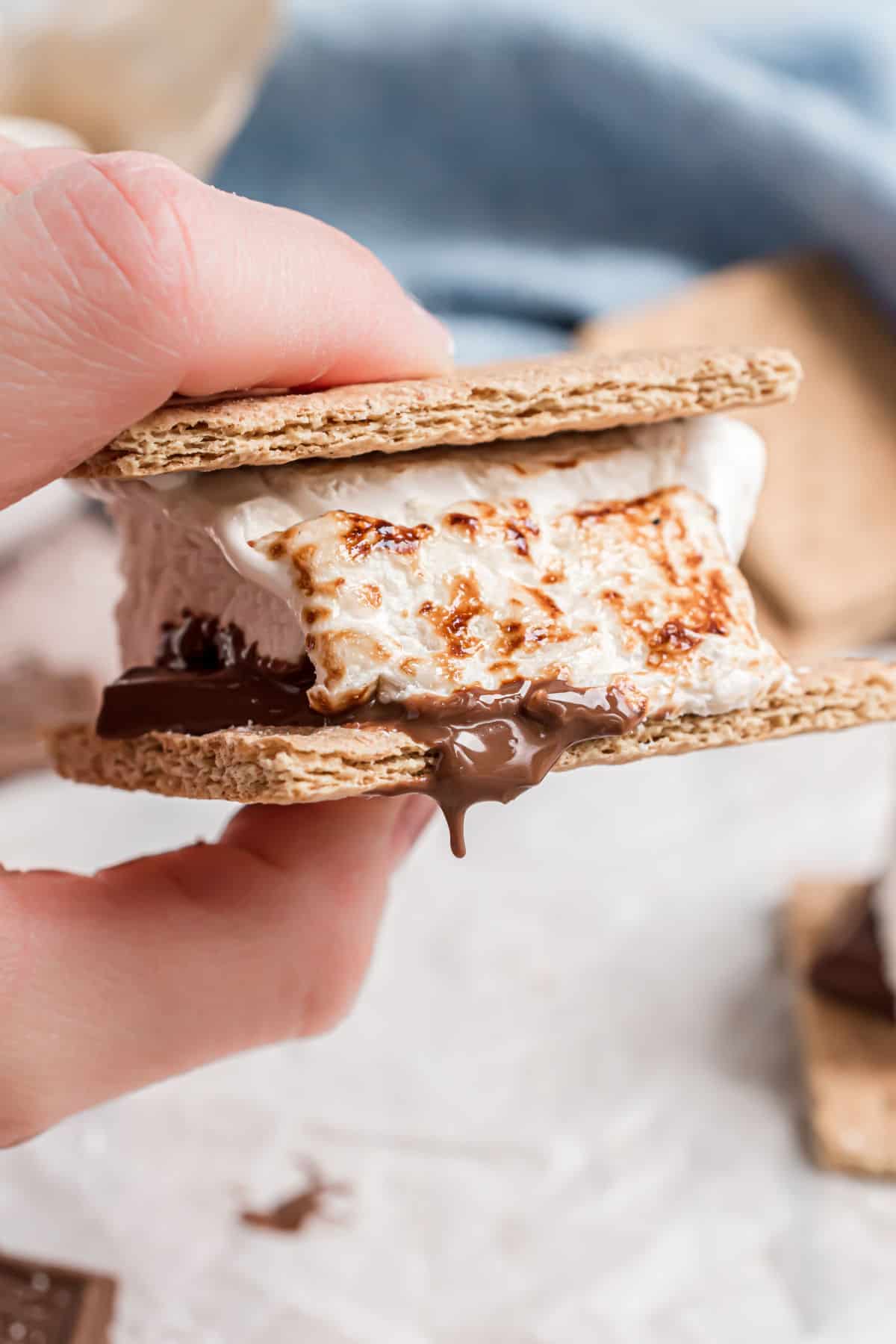 Homemade marshmallows in a gooey warm s'mores.