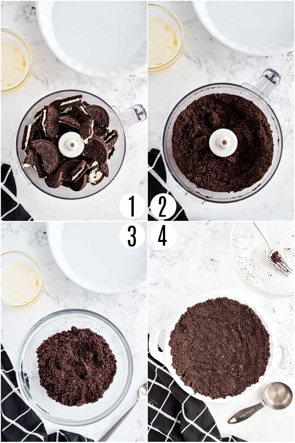 Step by step photos showing how to make an oreo pie crust.
