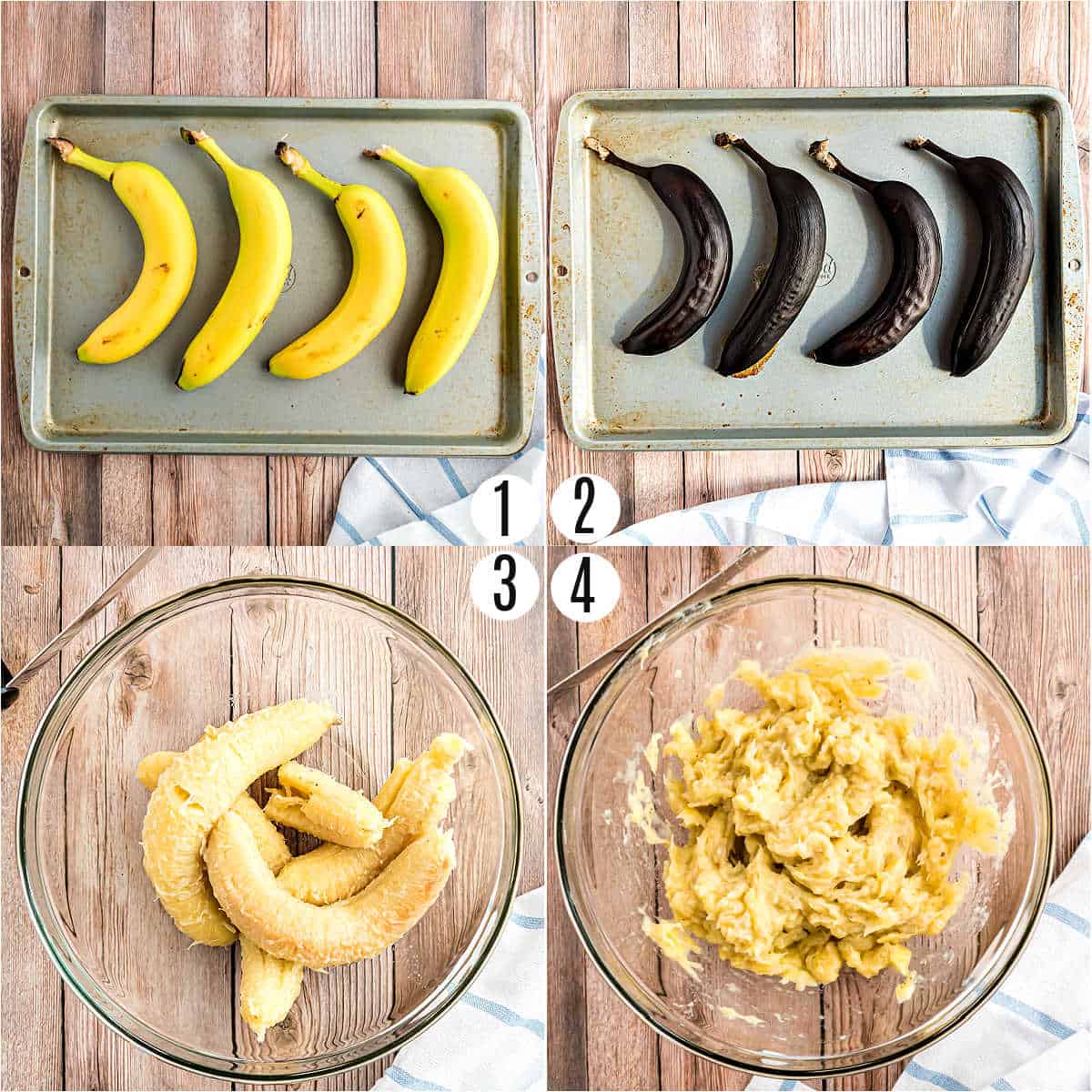 Step by step photos showing how to ripen bananas in the oven.