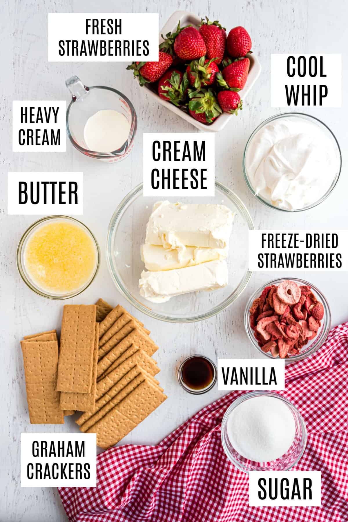Ingredients needed to make no bake strawberry cheesecake.