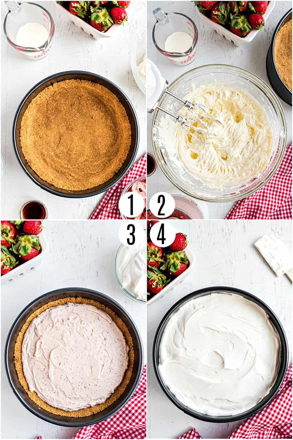 Step by step photos showing how to make no bake strawberry cheesecake.