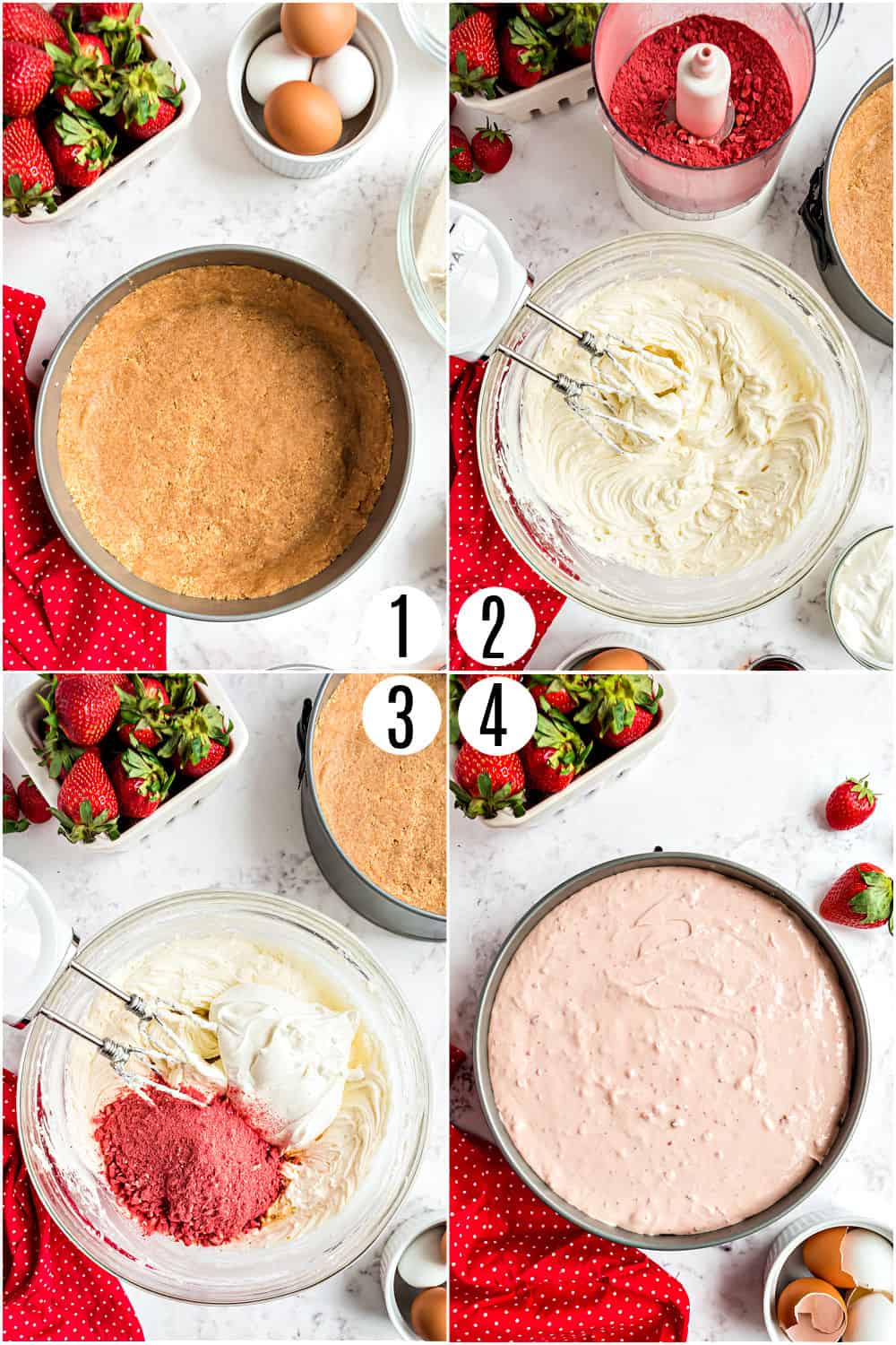 Step by step photos showing how to make strawberry cheesecake.