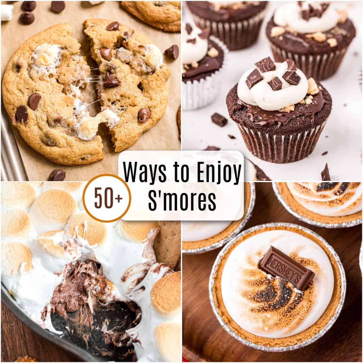 Smores cookies, cupcakes, dip, and pie in a collage photo.