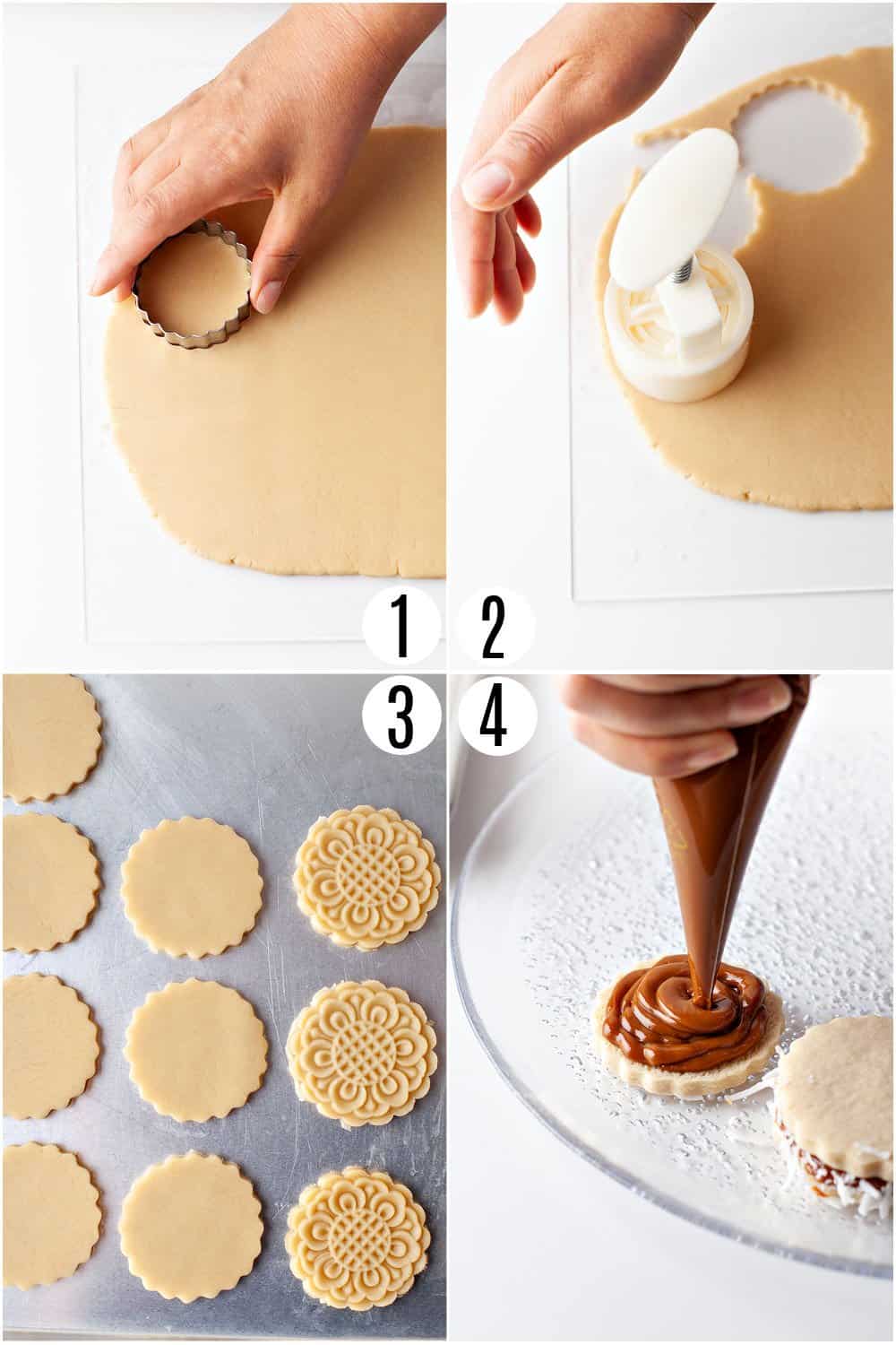 Step by step photos showing how to make alfajores cookies.