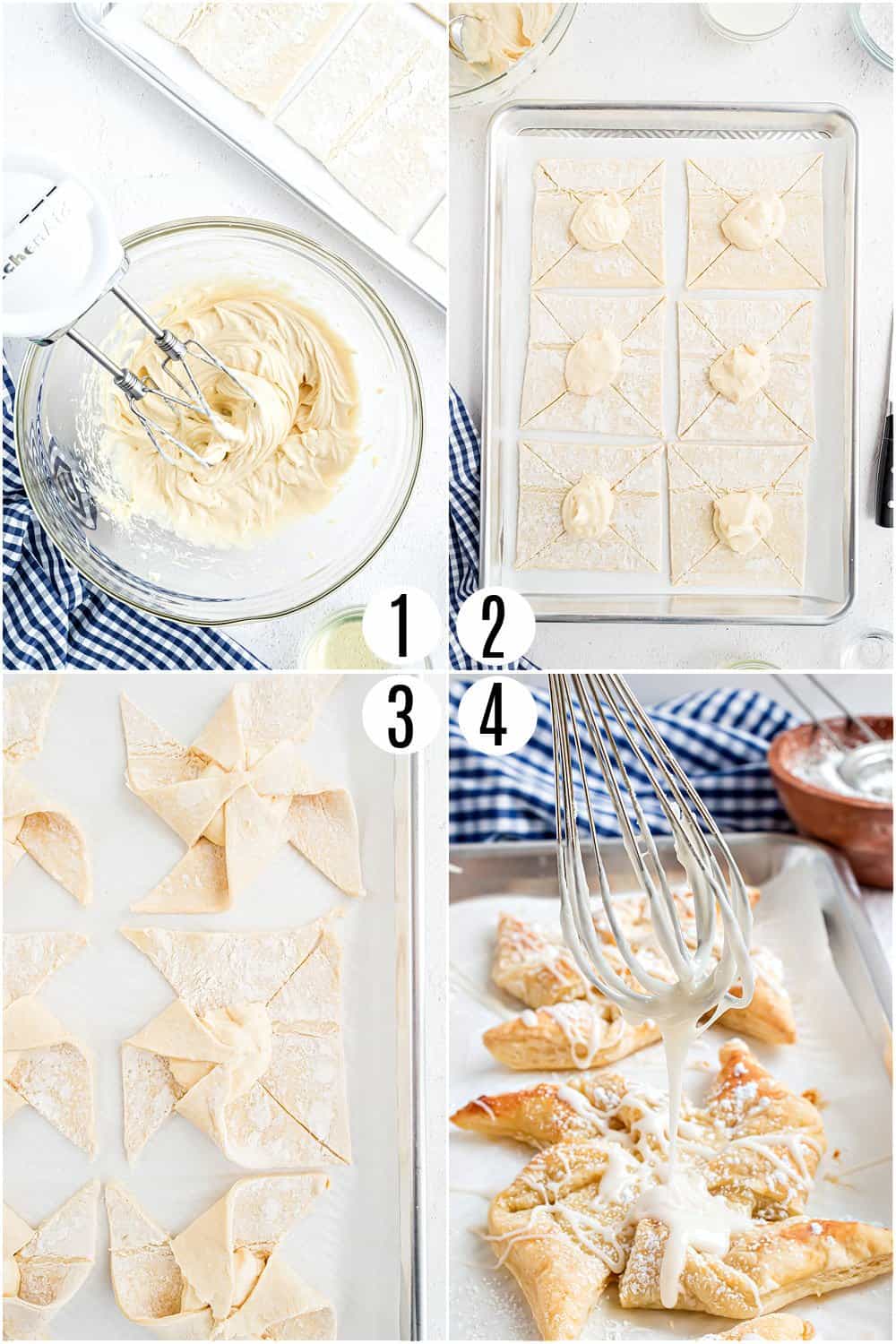 Step by step photos showing how to make cheese danishes.