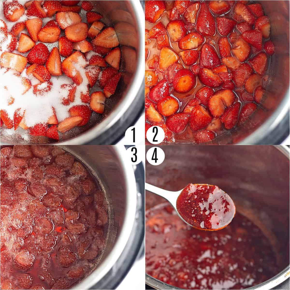 Step by step photos showing how to make strawberry jam in the instant pot.