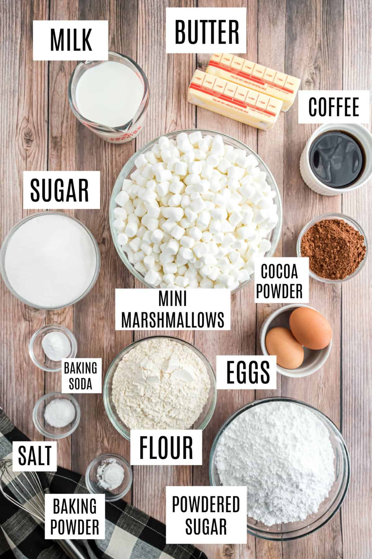 Ingredients needed to make mississippi mud cake.