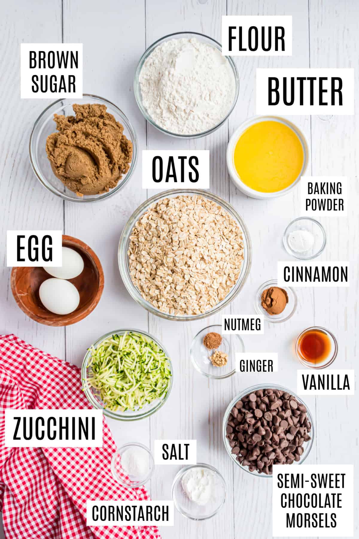 Ingredients needed to make chocolate chip zucchini cookies.